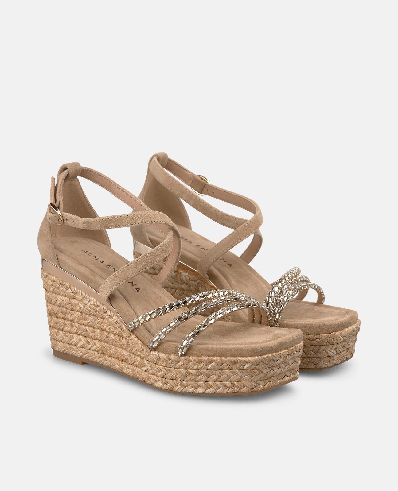 Sandalias de cuña de mujer de esparto en piel con multiples tiras con transfer - Alma en Pena - Arena Arena-4