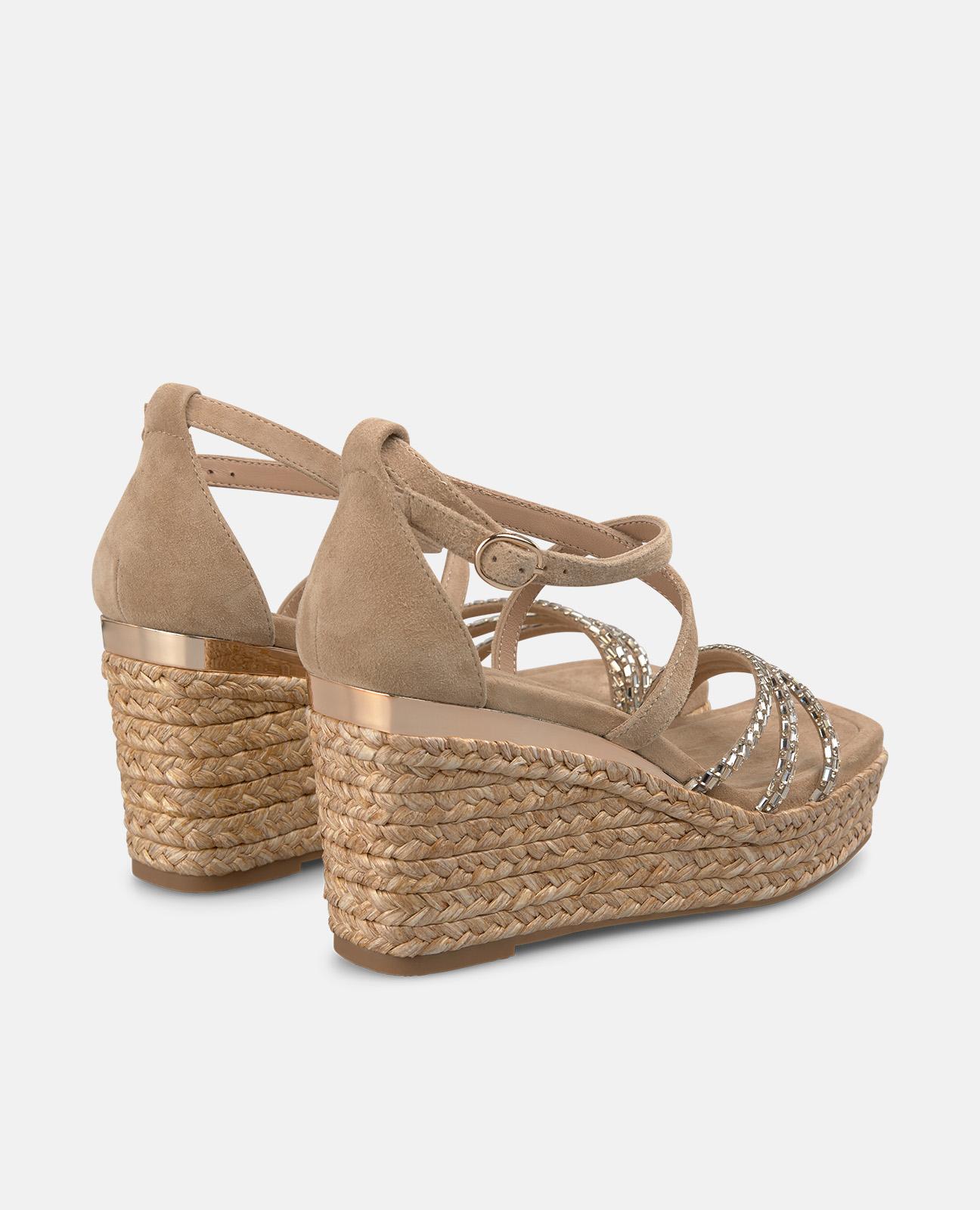 Sandalias de cuña de mujer de esparto en piel con multiples tiras con transfer - Alma en Pena - Arena Arena-3