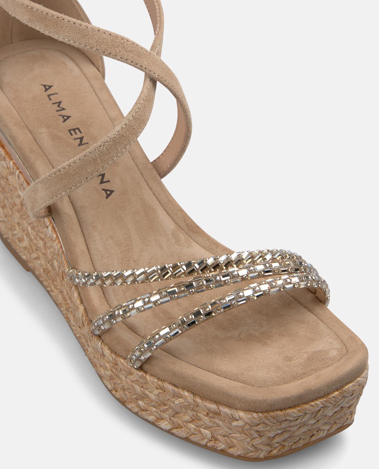 Sandalias de cuña de mujer de esparto en piel con multiples tiras con transfer - Alma en Pena - Arena Arena-5