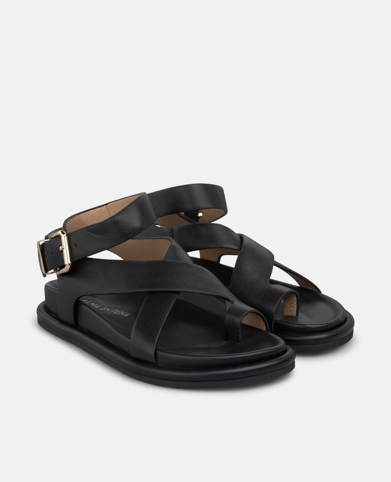 Sandalias planas de mujer en napa con tiras cruzadas y posición para el dedo - Negro Negro-4