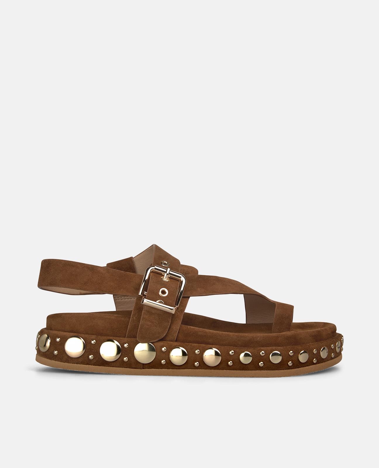 Sandalias planas de mujer en piel con tiras anchas con hebilla metálica en la parte delantera - Caramelo Caramelo-1