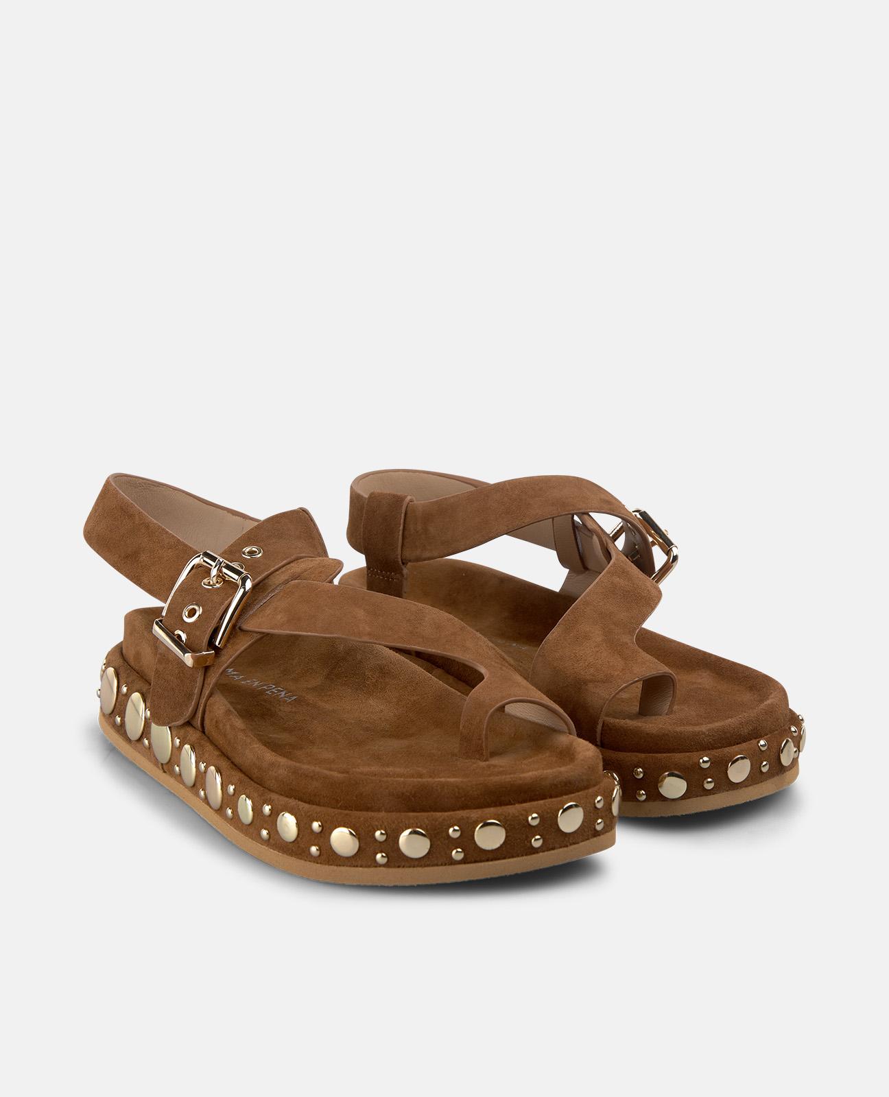 Sandalias planas de mujer en piel con tiras anchas con hebilla metálica en la parte delantera - Caramelo Caramelo-4