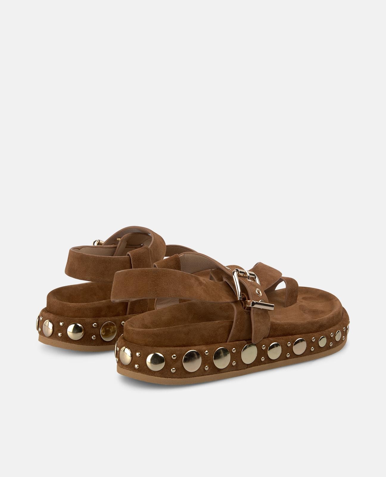 Sandalias planas de mujer en piel con tiras anchas con hebilla metálica en la parte delantera - Caramelo Caramelo-3