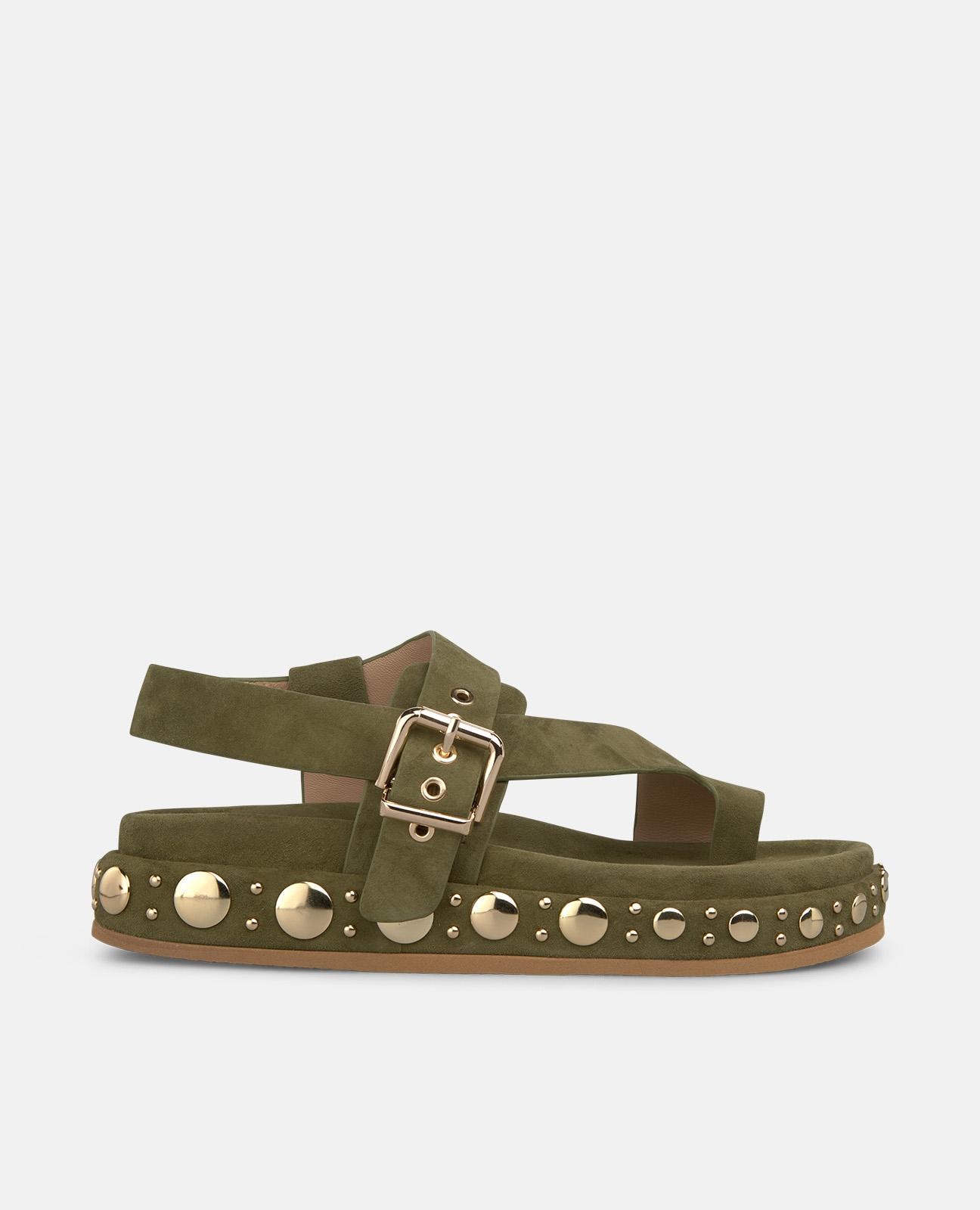 Alma en Pena - Sandalias planas de mujer en piel con tiras anchas con hebilla y posición para el dedo.