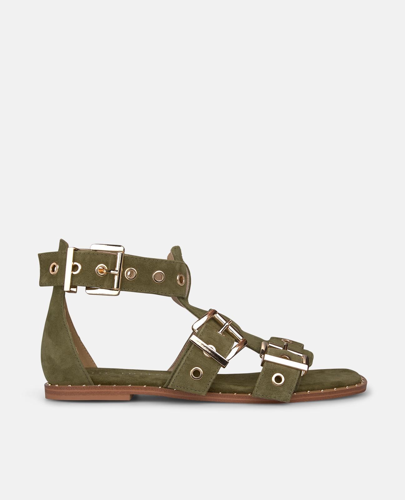 Sandalias romanas de mujer en piel con tira en T con detalle hebilla - Alma en Pena - Kaki Kaki-1
