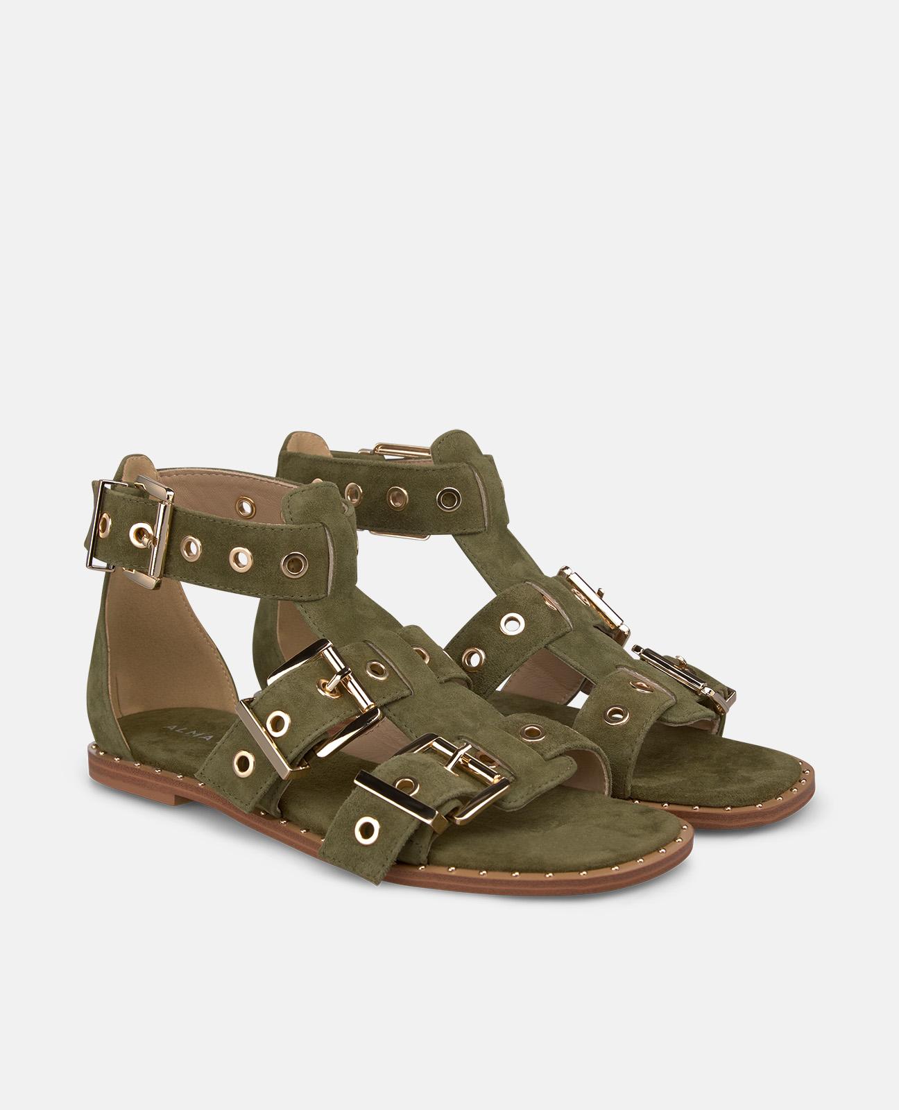 Sandalias romanas de mujer en piel con tira en T con detalle hebilla - Alma en Pena - Kaki Kaki-4