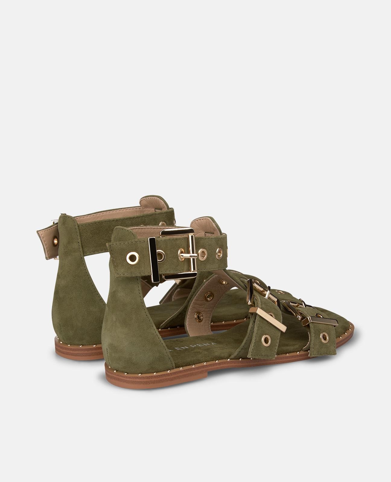 Sandalias romanas de mujer en piel con tira en T con detalle hebilla - Alma en Pena - Kaki Kaki-3