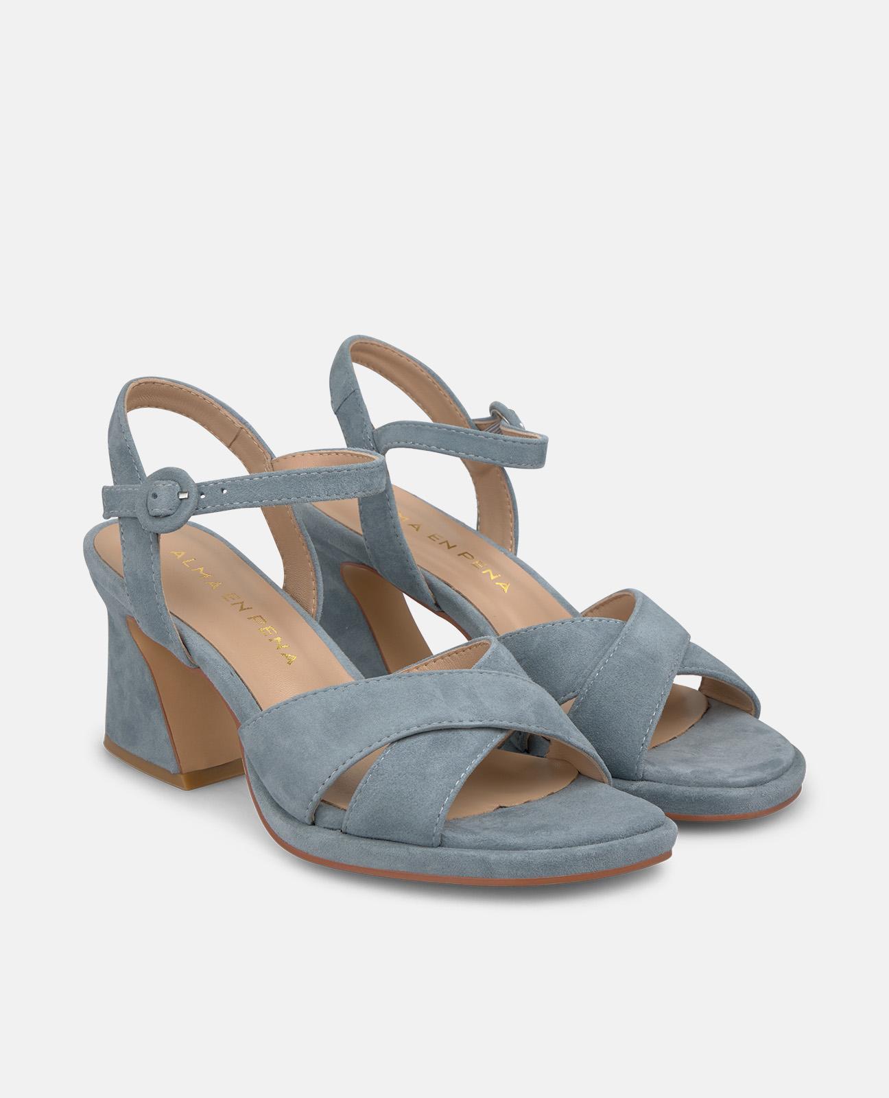 Sandalias de tacón de mujer con oble tira en la parte frontal y cierre de hebilla - Azul Azul-4