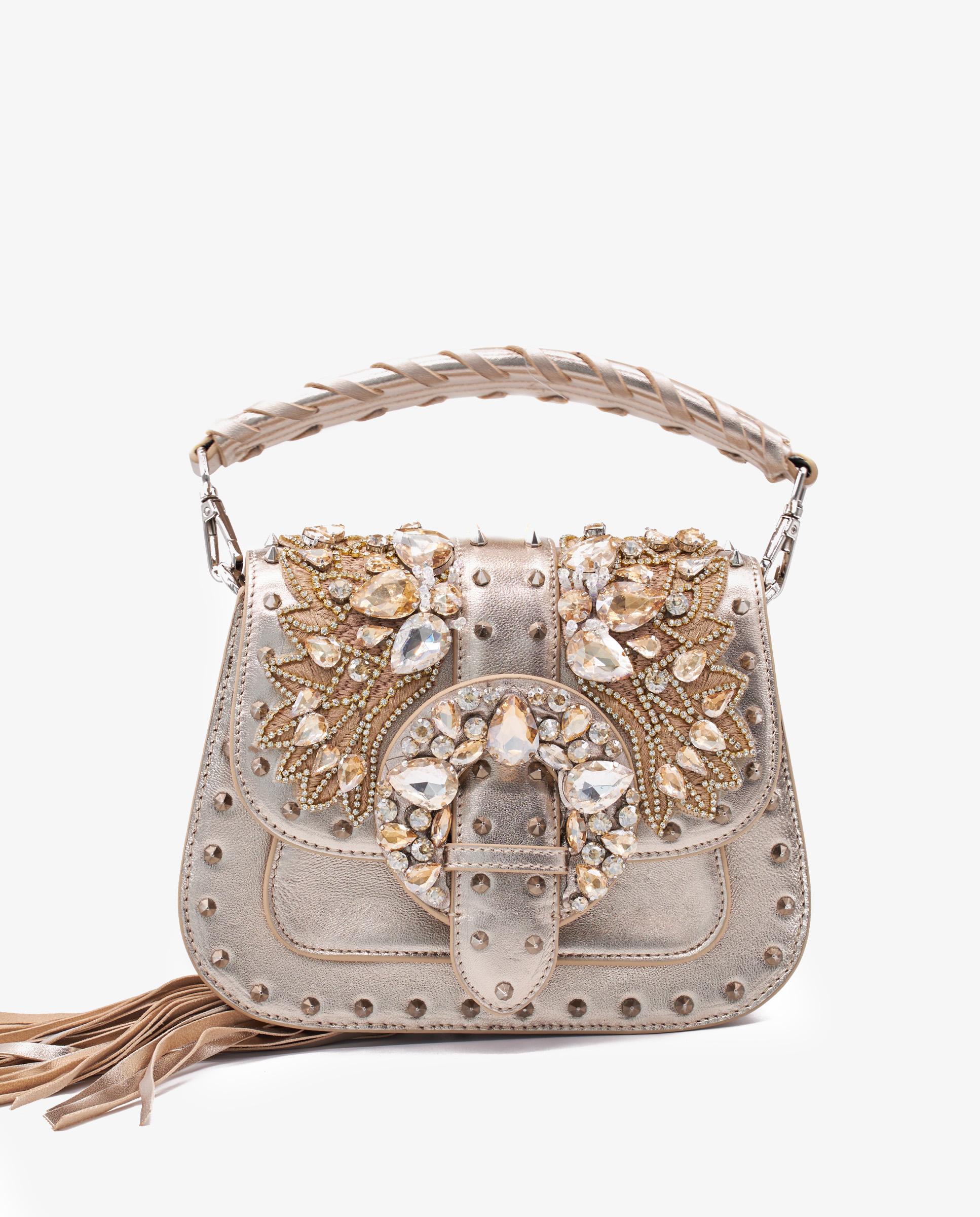 Bandolera de mujer de piel con asa de cadena y pedrería - Alma en Pena - Marrón Marrón-1