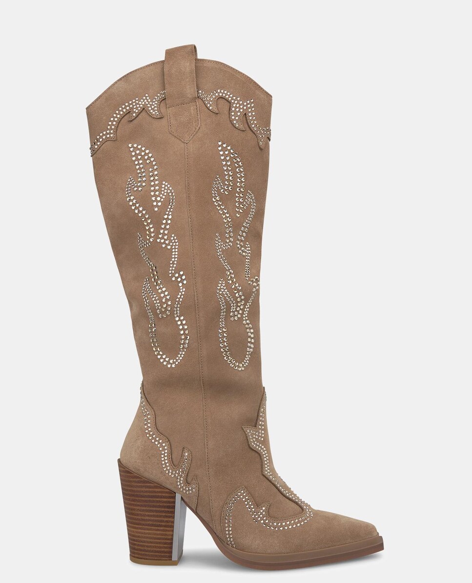 Botas de Salto em Pele com Brilhantes Bege-1