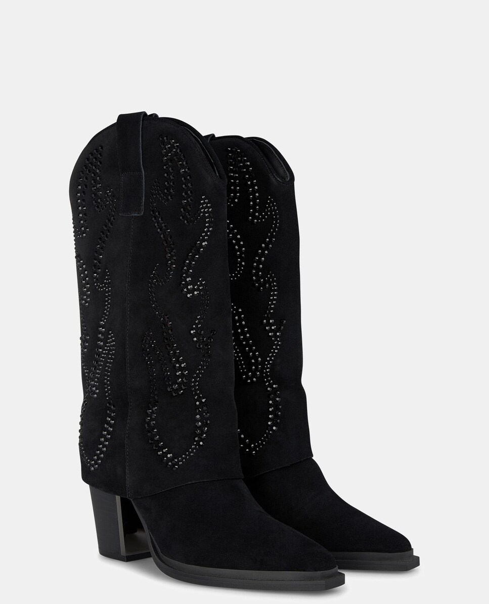 Botas de Pele com Pedraria no Cano Preto-2