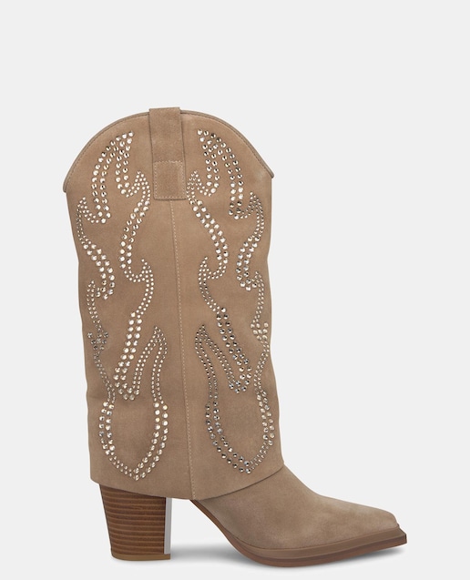 Imagen 0 de Botas de tacón de mujer de piel con pedrería en la caña