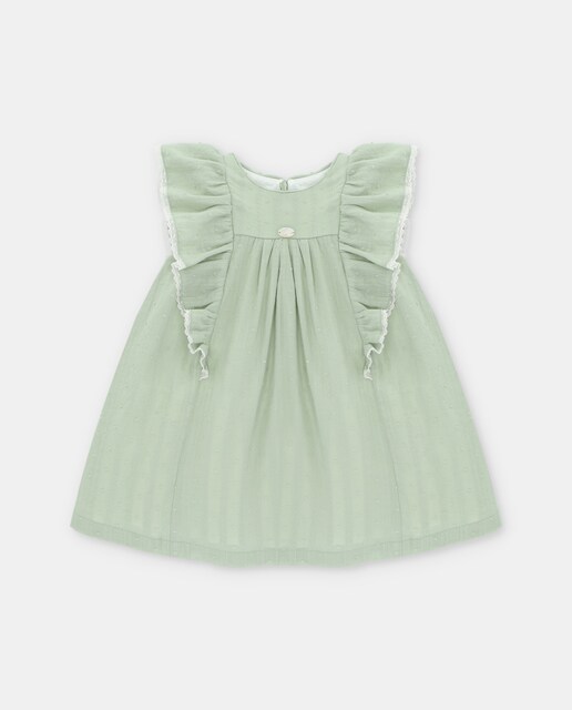 Imagen 0 de Vestido de niña de plumeti con bordado y volantes en verde