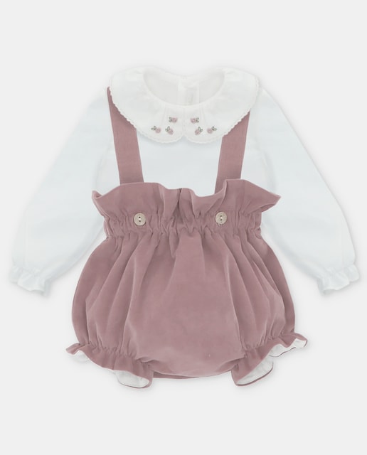 Imagen 0 de Conjunto de bebé de blusa en crudo y braguita con tirantes de micropana en púrpura