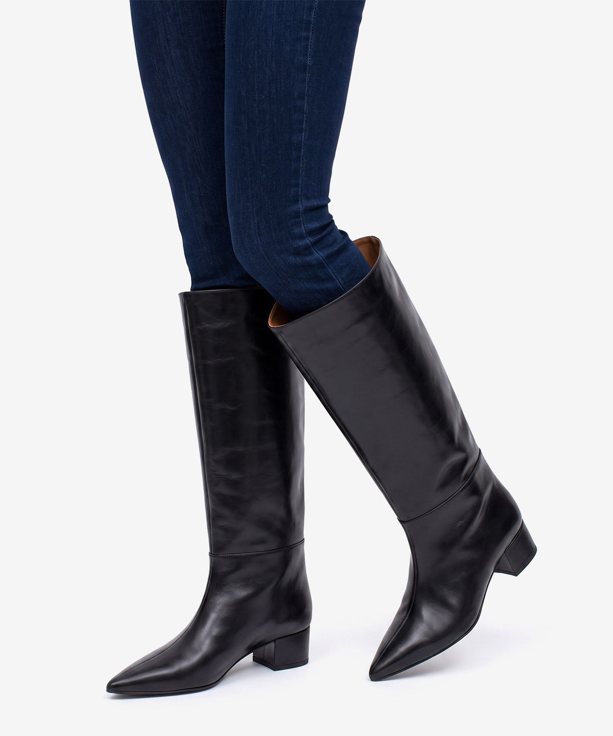 Botas básicas de mujer de tipo gaucha de tacón ancho de piel lisa semibrillo, jovanna - Ángel Alarcón - Negro Negro-2