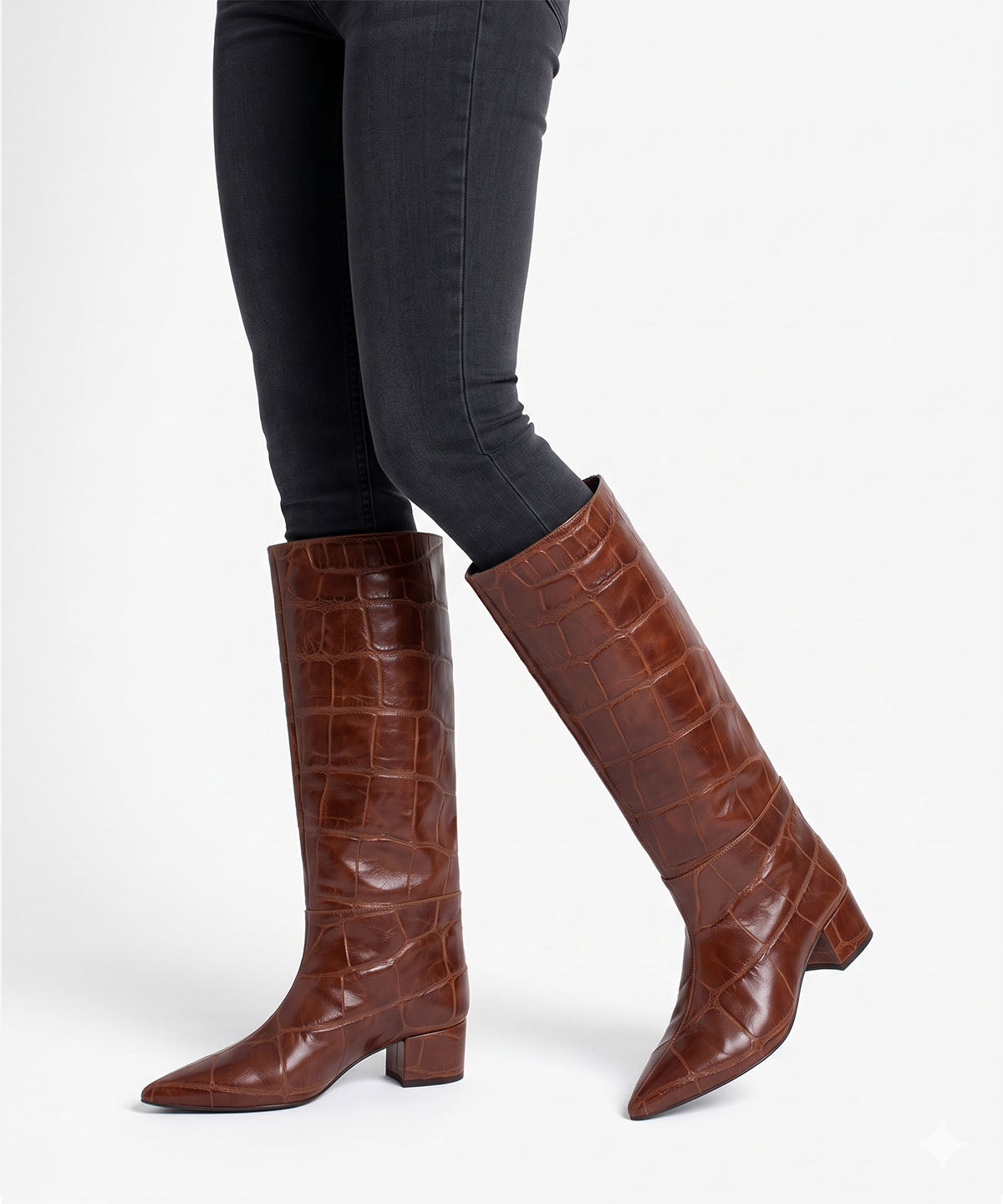 Botas básicas de mujer de tipo gaucha de tacón ancho de piel print croco, jovanna - Ángel Alarcón - Marrón Marrón-2