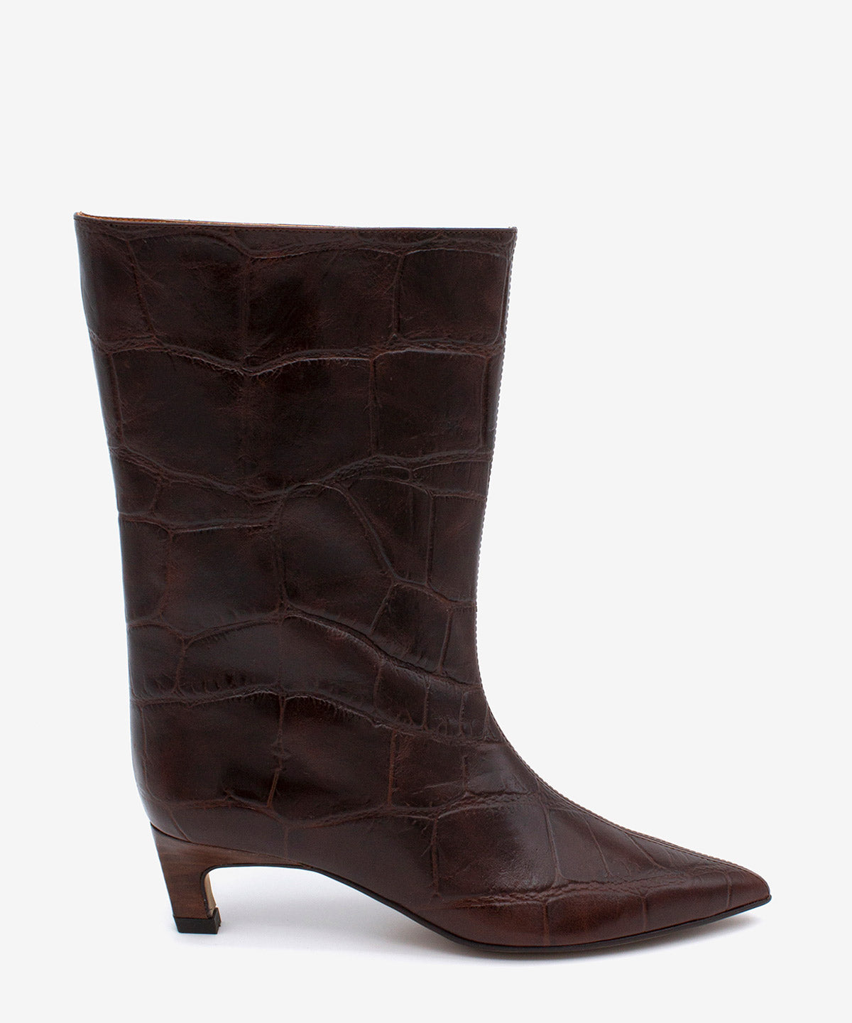 Botas básicas de mujer de tipo gaucha de caña baja y tacón cómodo de piel print croco, elisha - Ángel Alarcón - Marrón oscuro Marrón oscuro-1