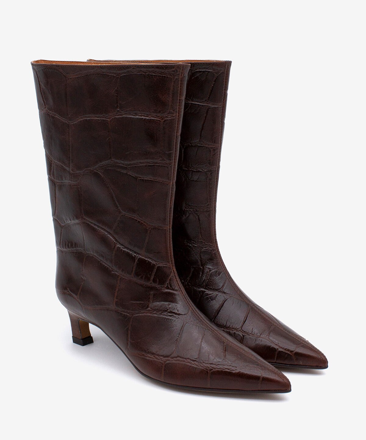 Botas básicas de mujer de tipo gaucha de caña baja y tacón cómodo de piel print croco, elisha - Ángel Alarcón - Marrón oscuro Marrón oscuro-3