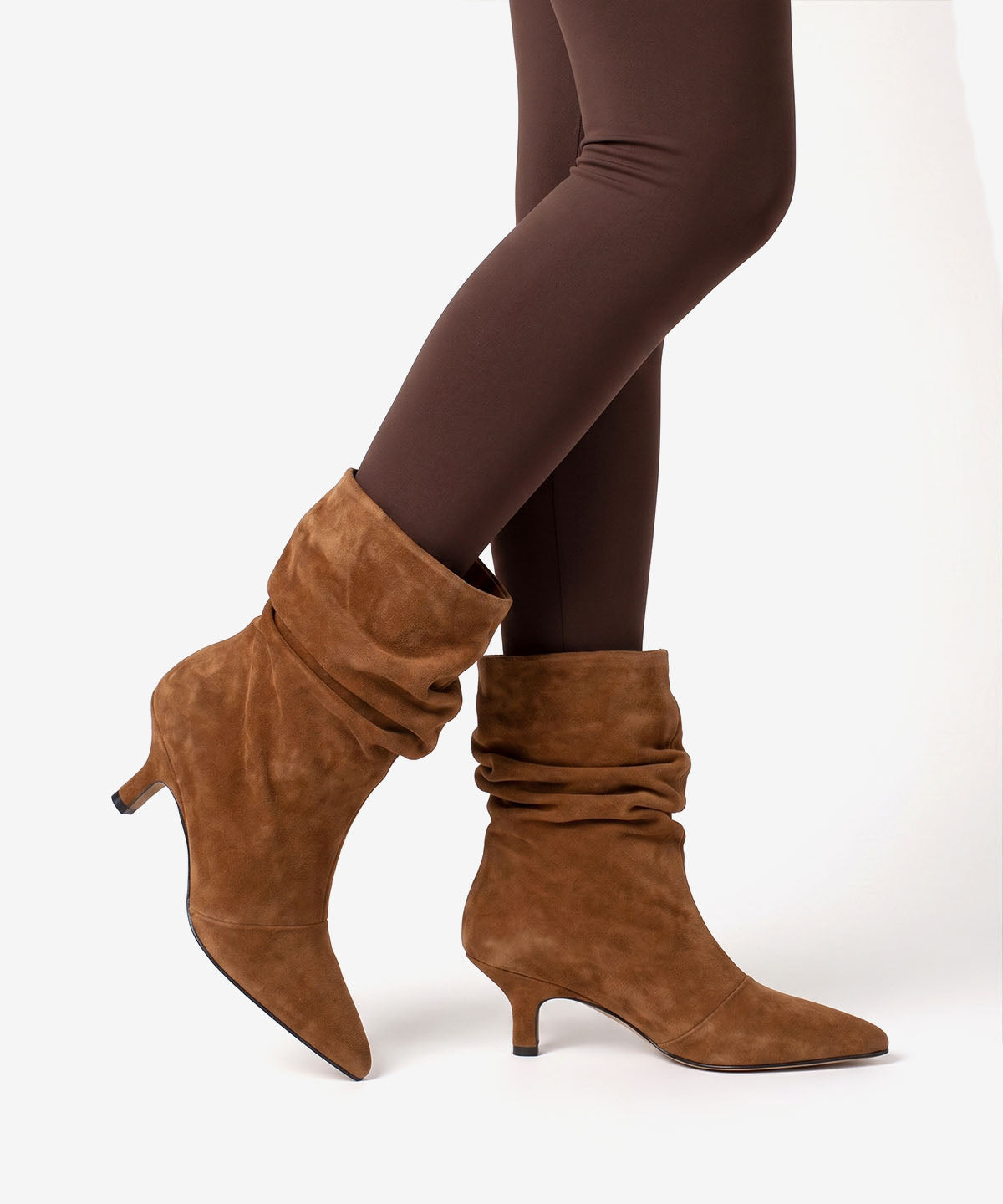 Botines básicos de mujer de tacón fino y caña fruncida de serraje, lisette - Ángel Alarcón - Marrón Marrón-2