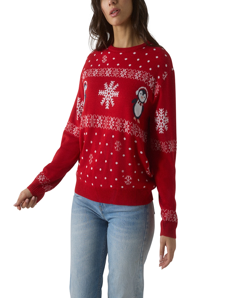 Jersey de mujer navideño con estampado de pingüinos y copos de nieve