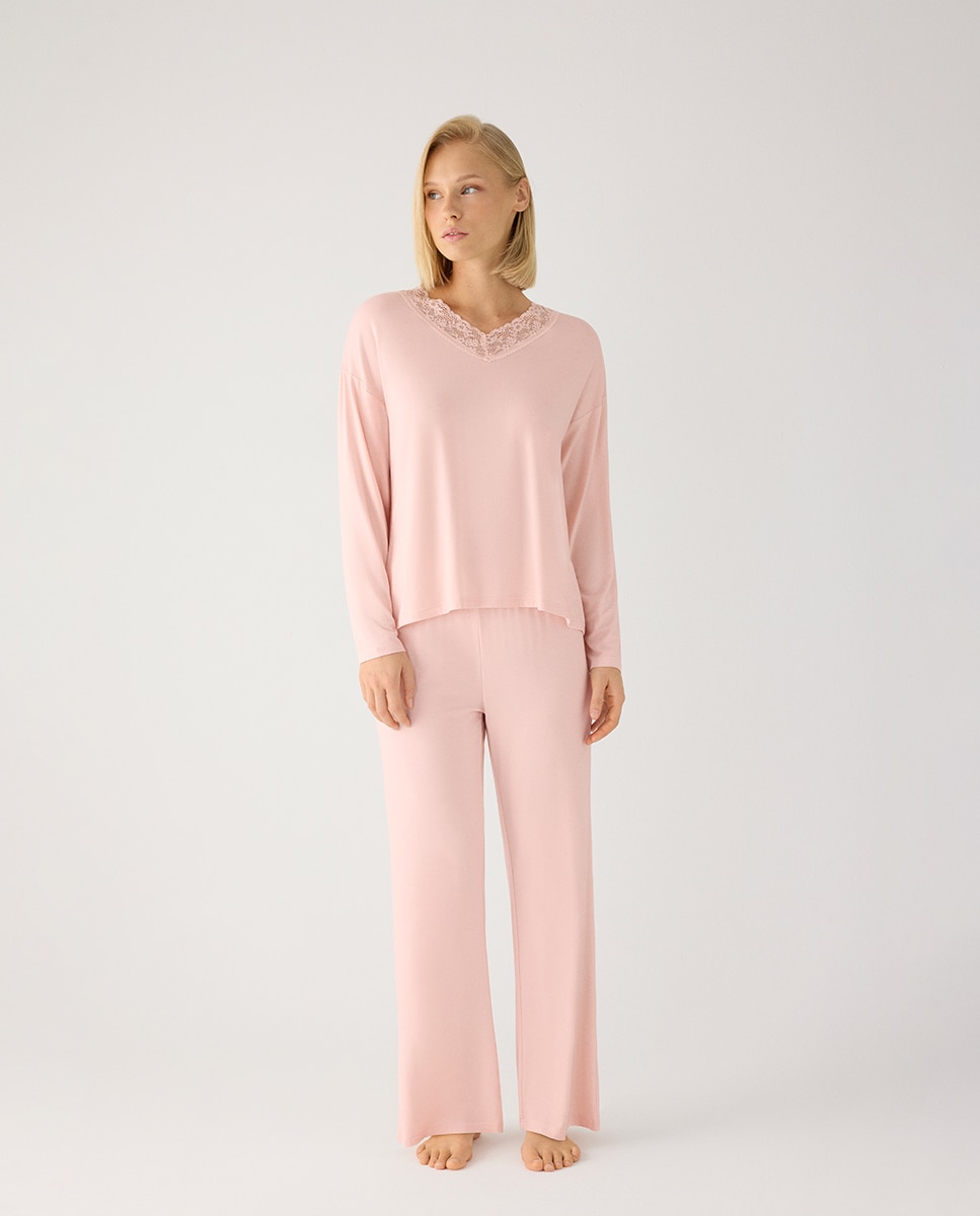 Imagen 1 de Pijama largo de mujer ligero y suave con pantalón ancho - Ysabel Mora - Rosa claro Rosa claro