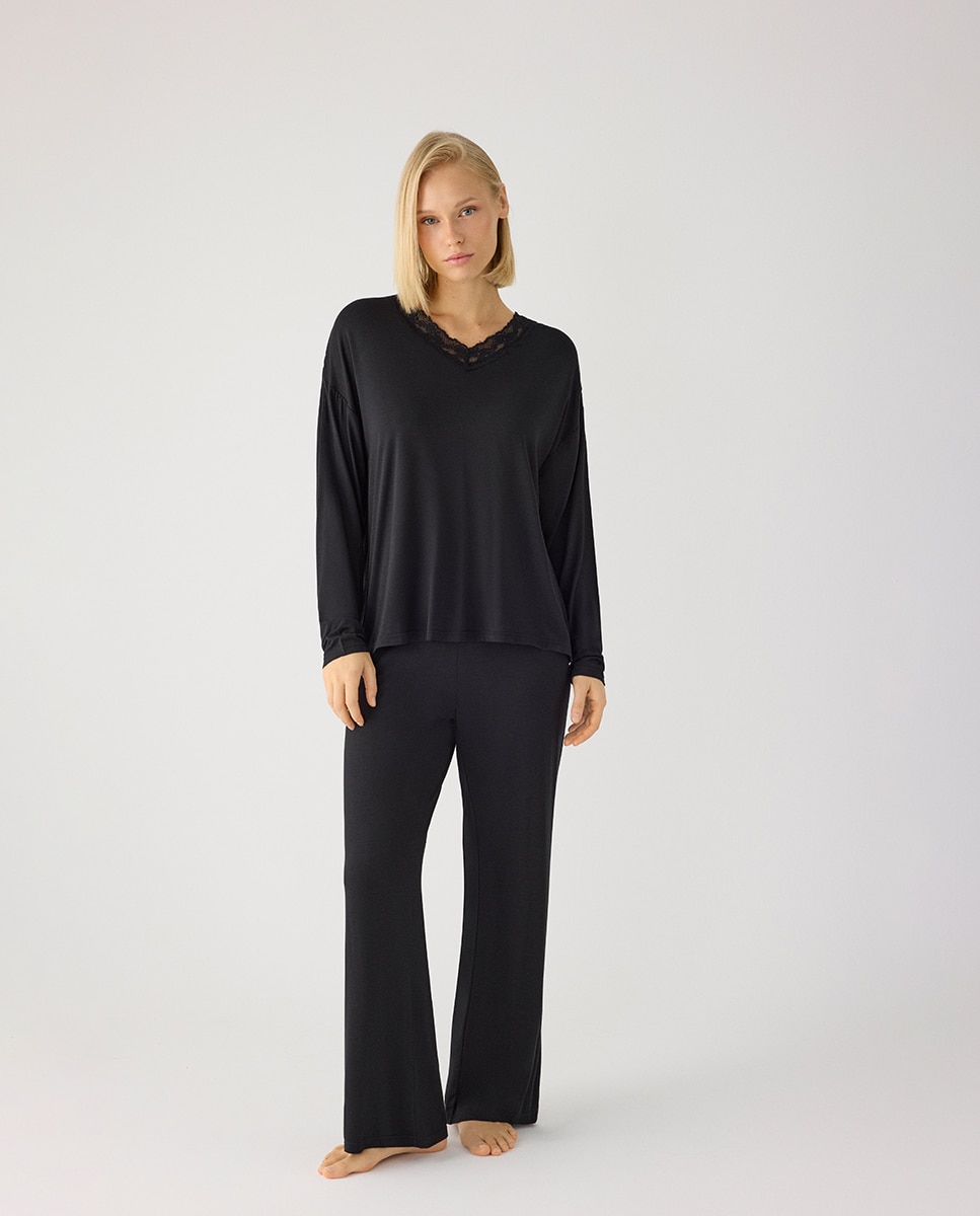Imagen 1 de Pijama largo de mujer ligero y suave con pantalón ancho - Ysabel Mora - Negro Negro