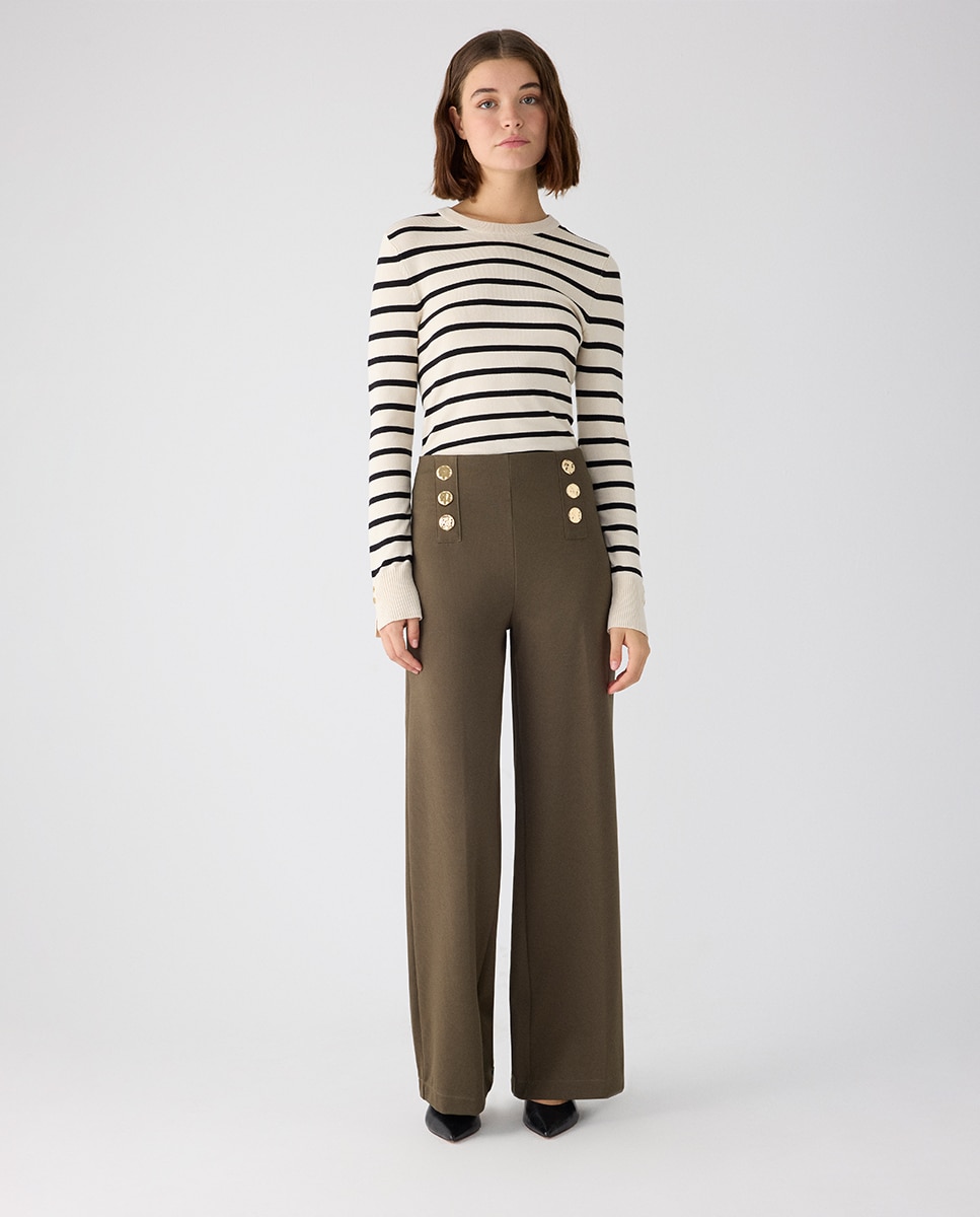 Pantalón ancho de tiro alto con botones decorativos - Ysabel Mora - Verde Verde-1