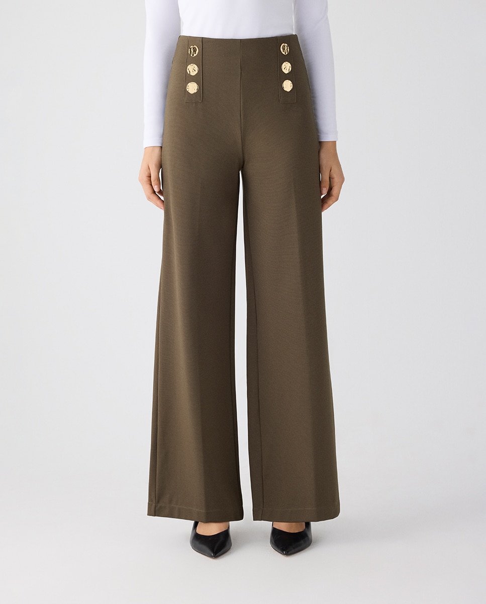 Pantalón ancho de tiro alto con botones decorativos - Ysabel Mora - Verde Verde-2