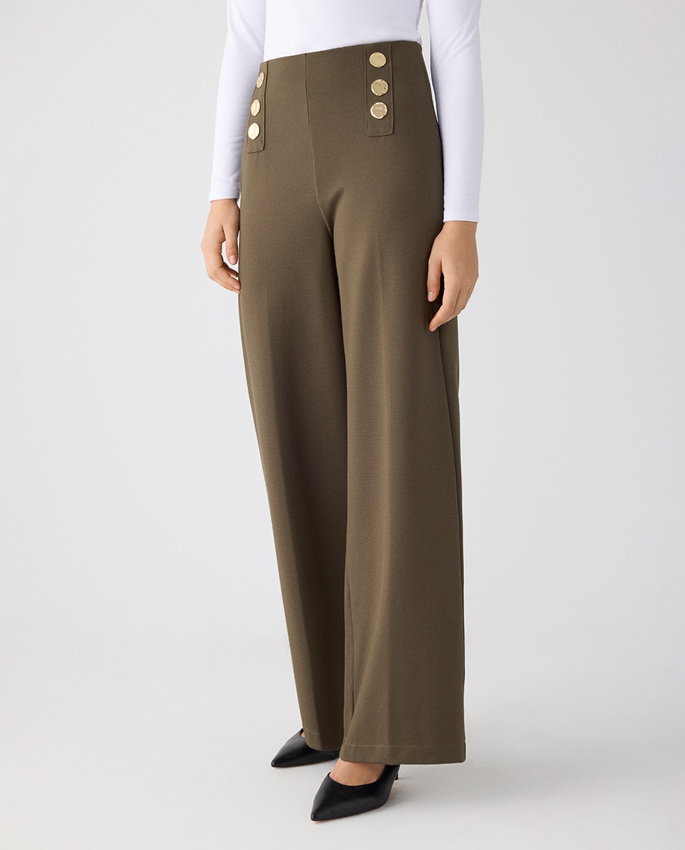 Pantalón ancho de tiro alto con botones decorativos - Ysabel Mora - Verde Verde-4