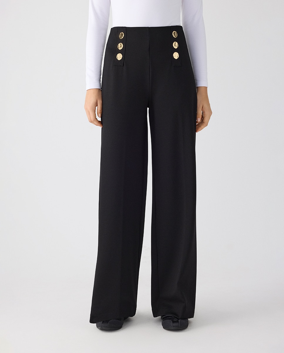 Pantalón ancho de tiro alto con botones decorativos - Ysabel Mora - Negro Negro-3