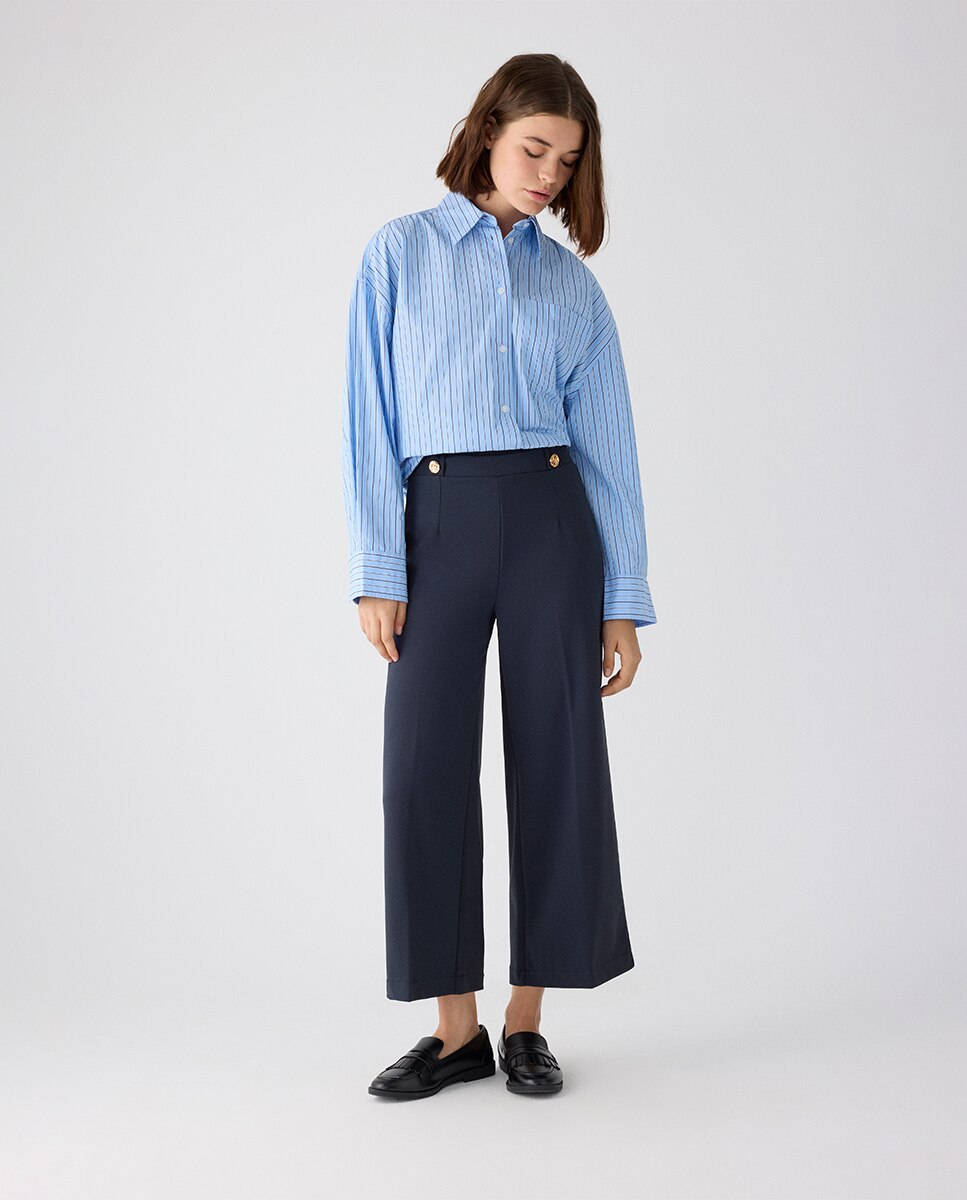 Pantalón ancho cropped tiro alto con botones decorativos - Ysabel Mora - Azul marino Azul marino-1