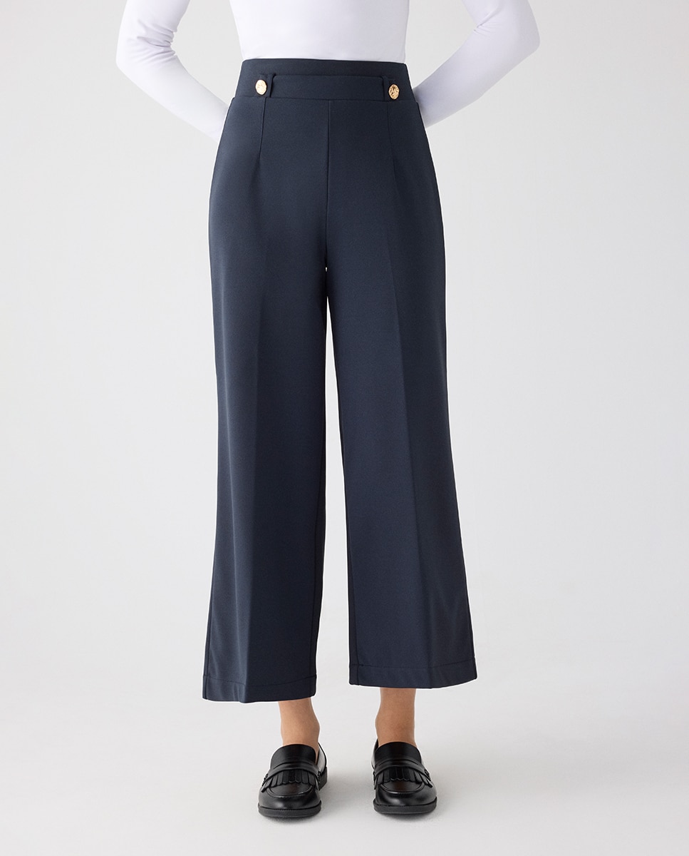 Pantalón ancho cropped tiro alto con botones decorativos - Ysabel Mora - Azul marino Azul marino-2