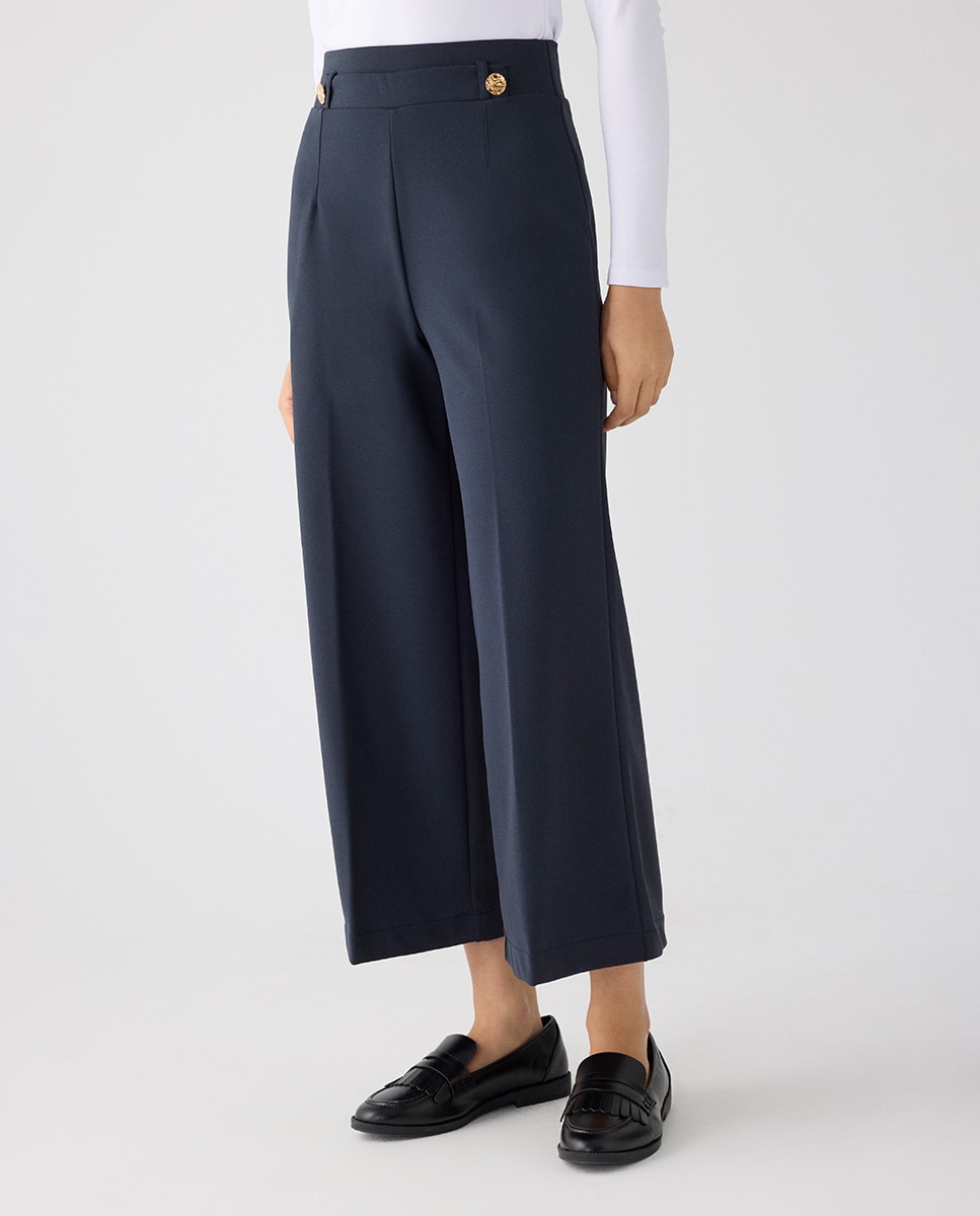 Pantalón ancho cropped tiro alto con botones decorativos - Ysabel Mora - Azul marino Azul marino-4
