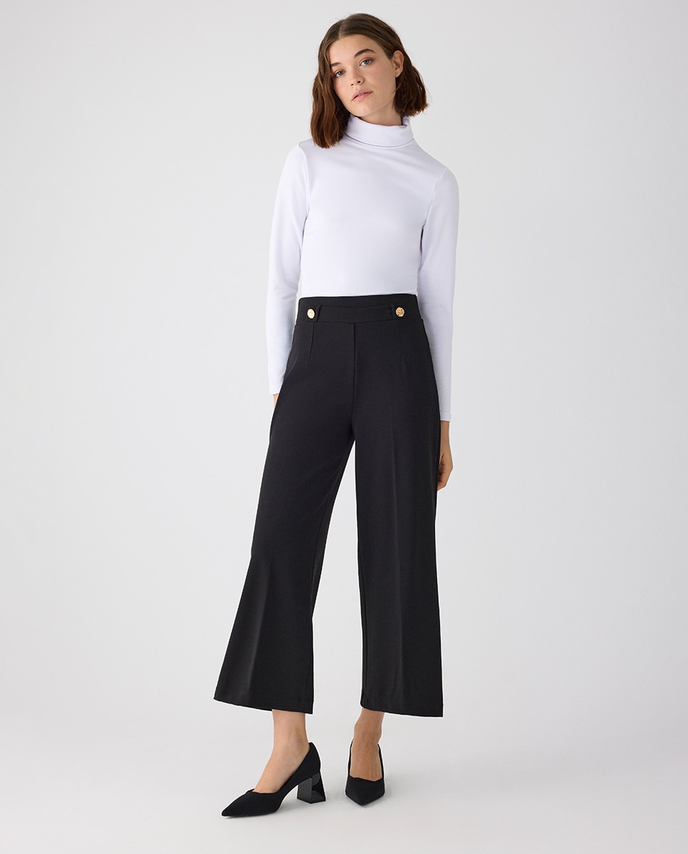 Pantalón ancho cropped tiro alto con botones decorativos - Ysabel Mora - Negro Negro-1