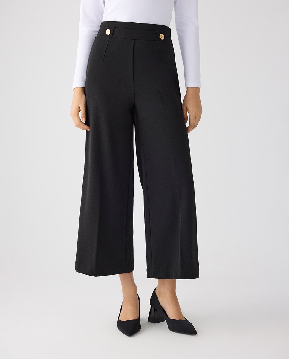 Pantalón ancho cropped tiro alto con botones decorativos - Ysabel Mora - Negro Negro-2