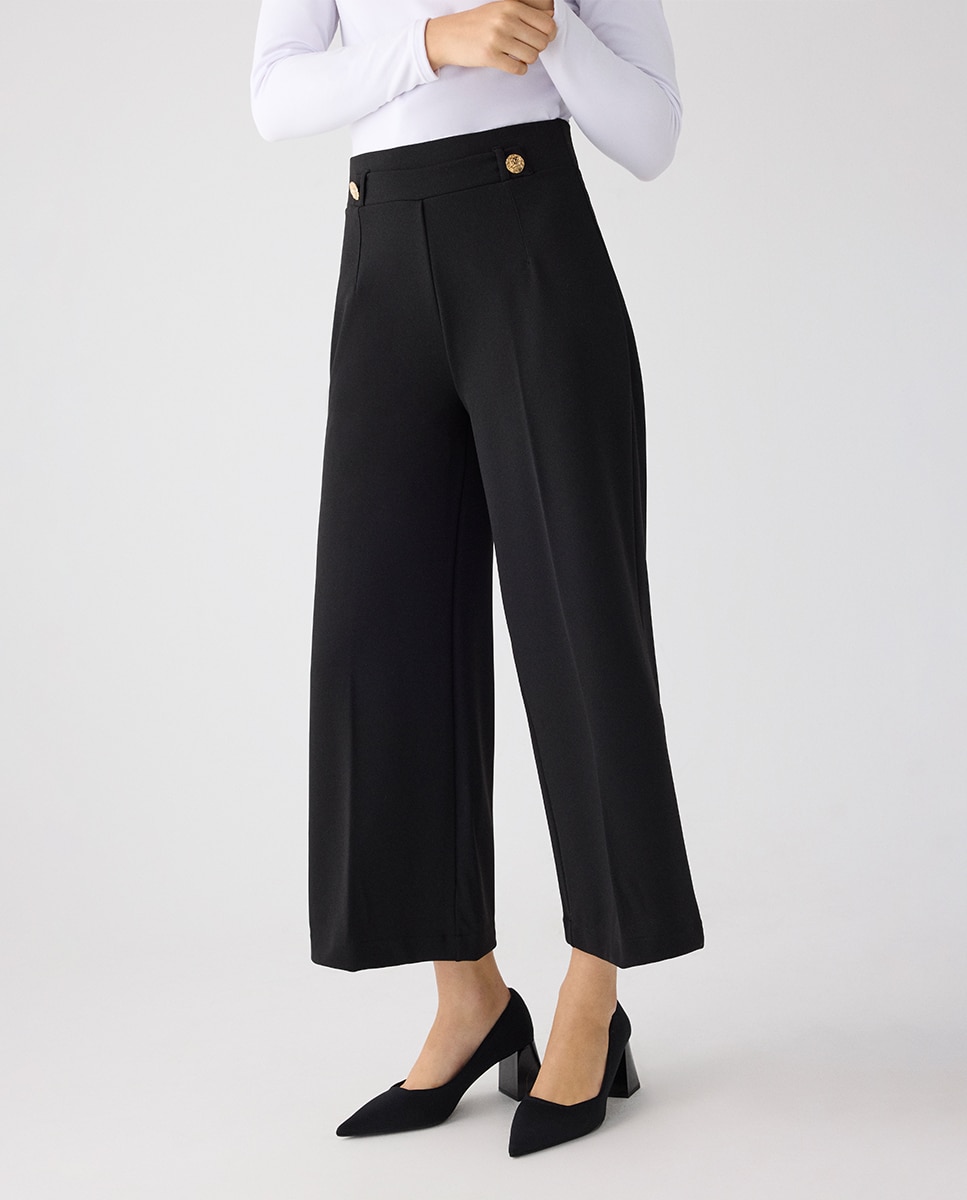 Pantalón ancho cropped tiro alto con botones decorativos - Ysabel Mora - Negro Negro-4