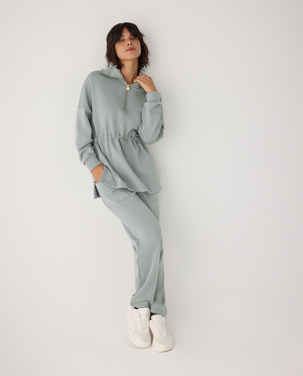 Sudadera larga afelpada con cremallera y cintura ajustable - Ysabel Mora - Verde Verde-5