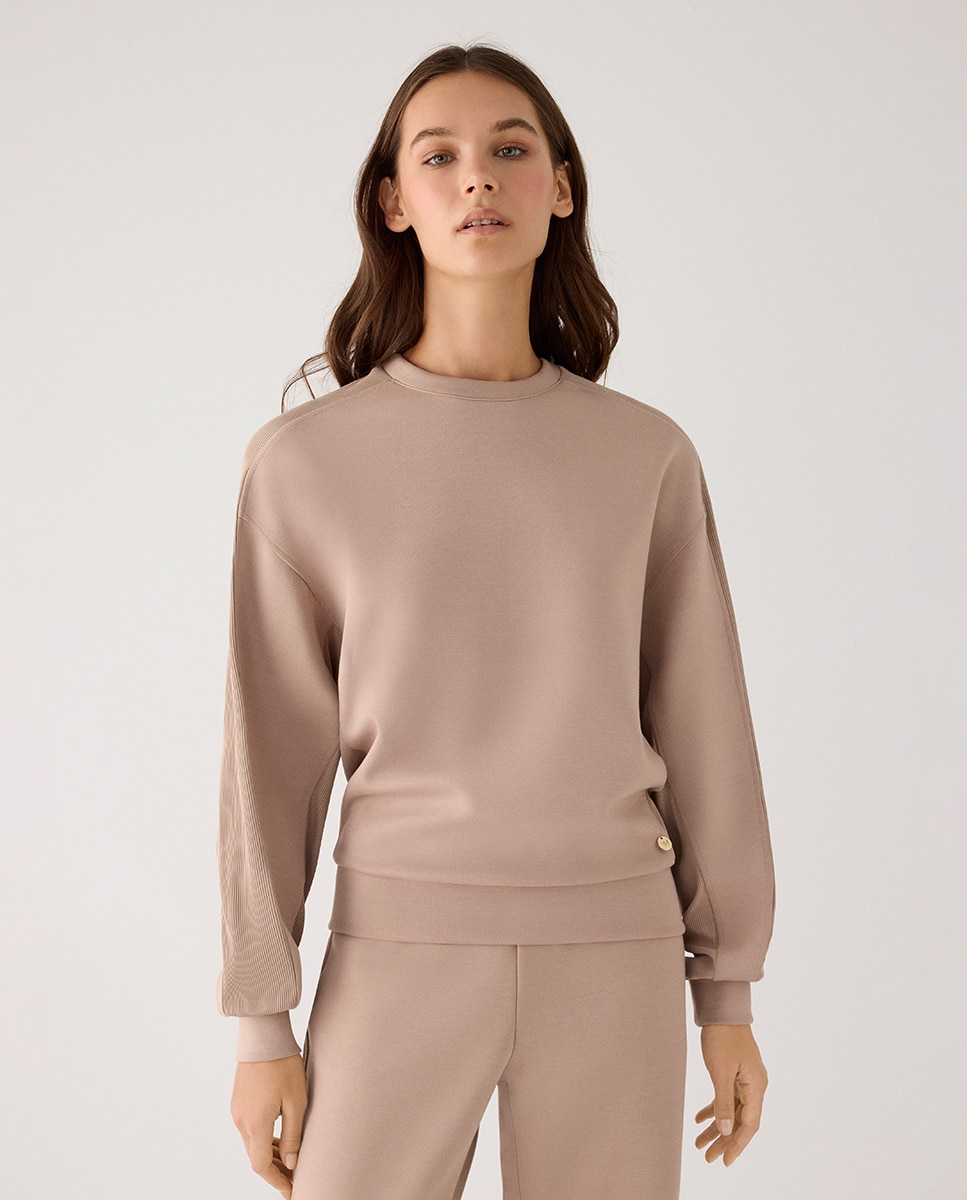 Sudadera afelpada con canalé y cuello redondo - Ysabel Mora - Marrón claro Marrón claro-1