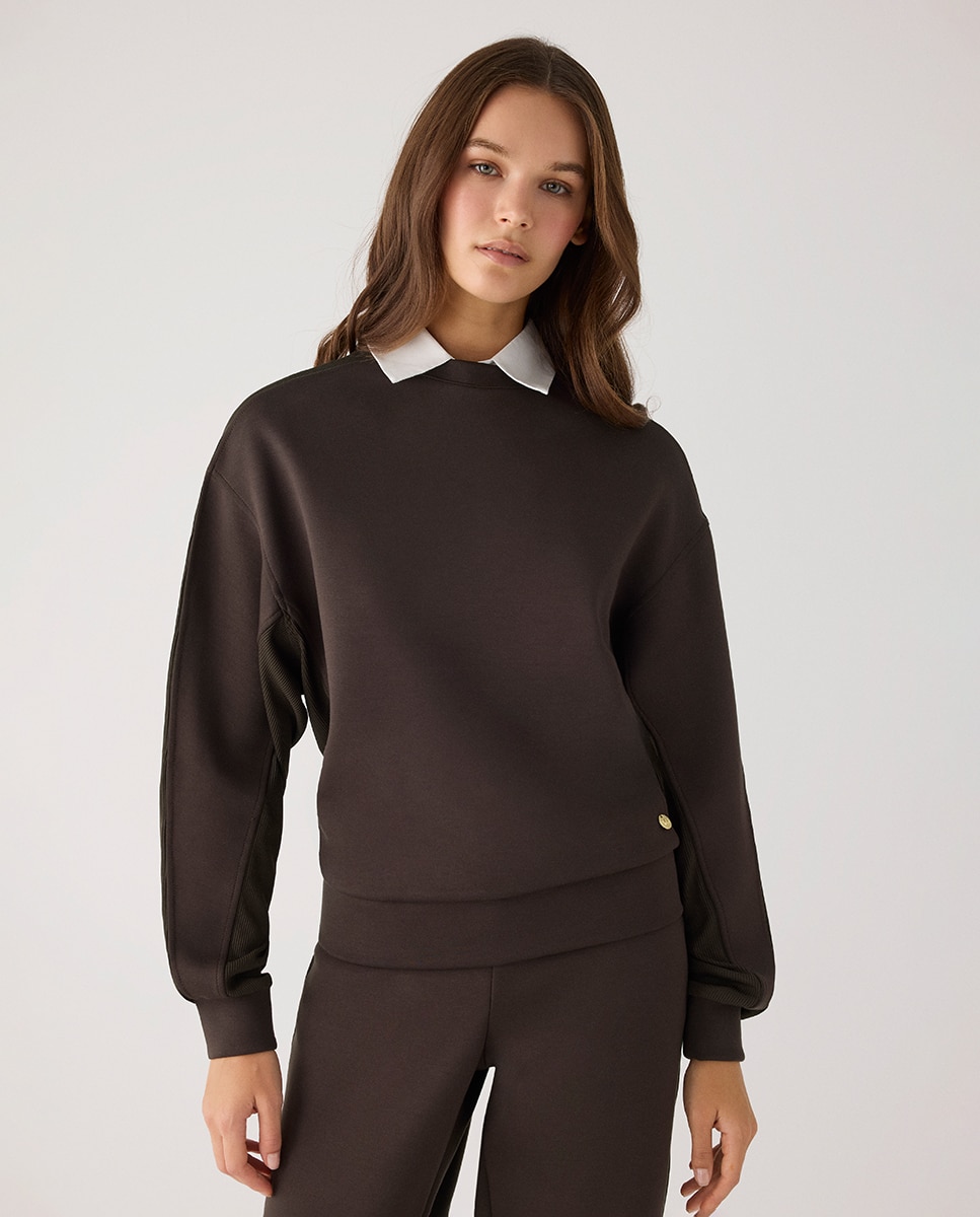 Sudadera afelpada con canalé y cuello redondo - Ysabel Mora - Marrón chocolate Marrón chocolate-1