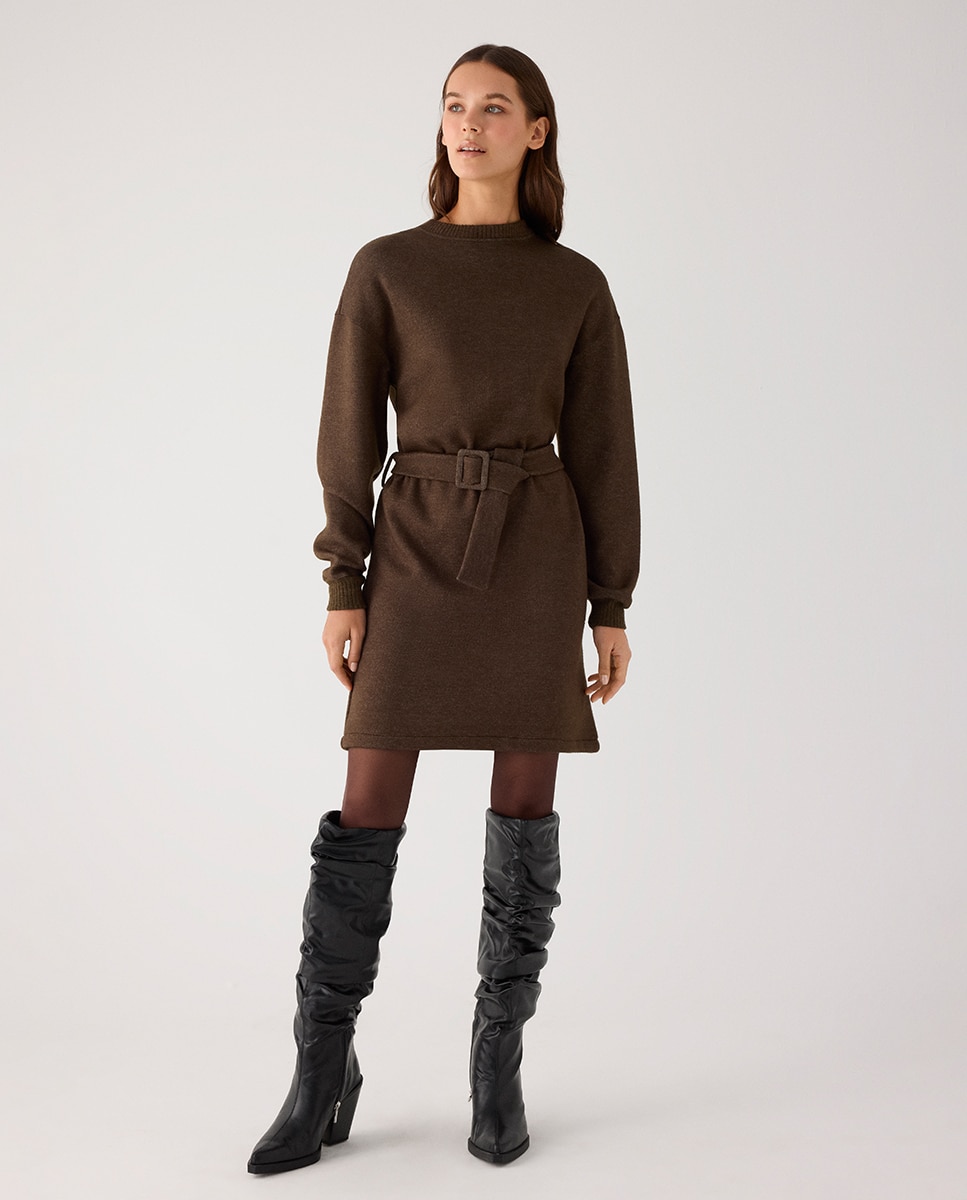 Vestido corto cálido con cinturón ajustable - Ysabel Mora - Marrón chocolate Marrón chocolate-1