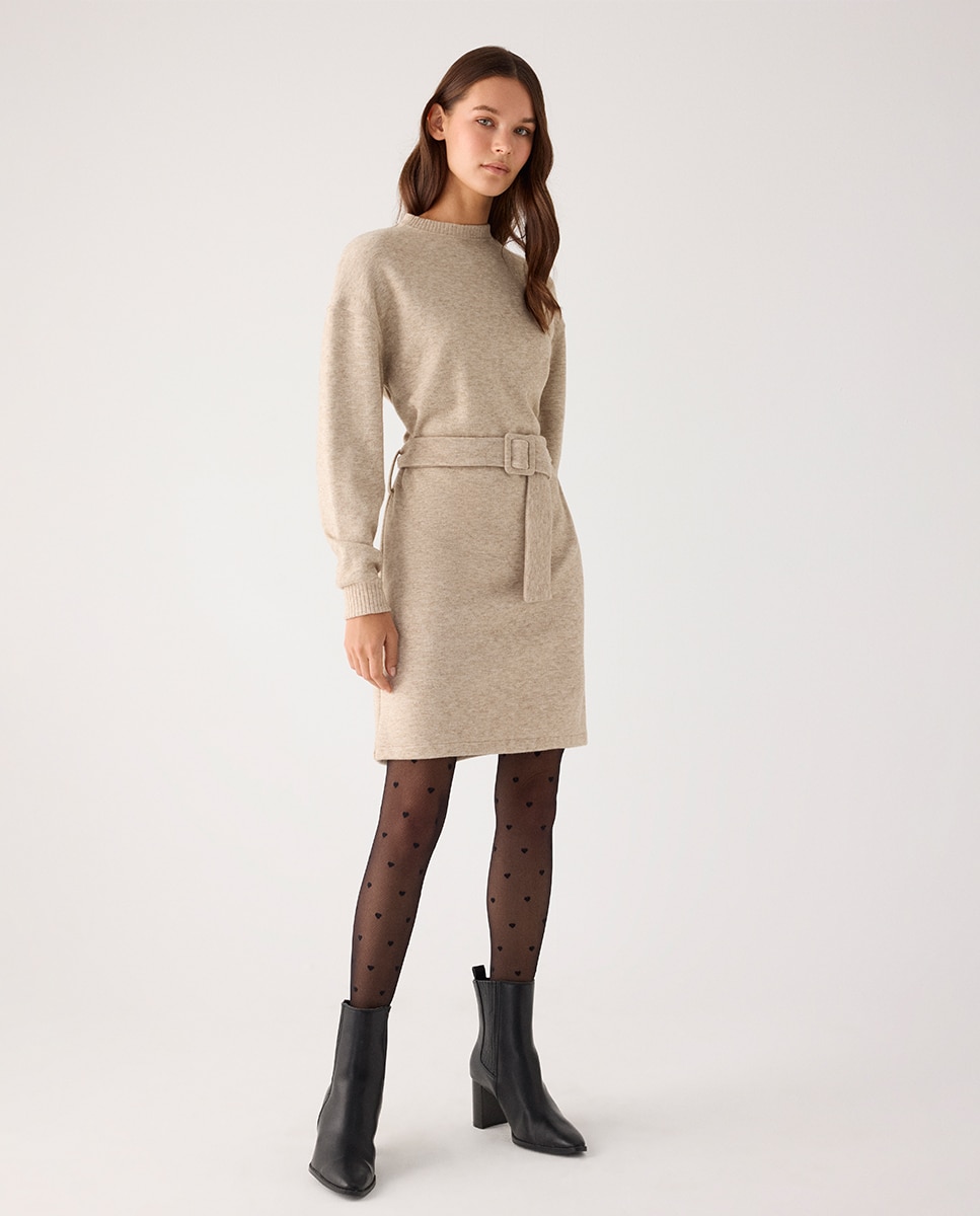 Vestido corto cálido con cinturón ajustable - Ysabel Mora - Beige Beige-1