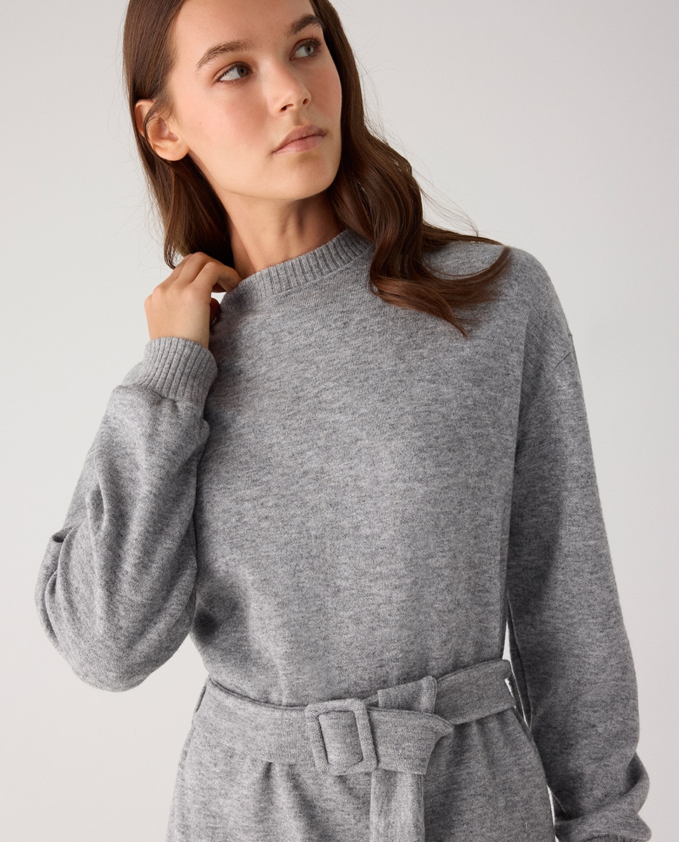 Vestido corto cálido con cinturón ajustable - Ysabel Mora - Gris claro Gris claro-4