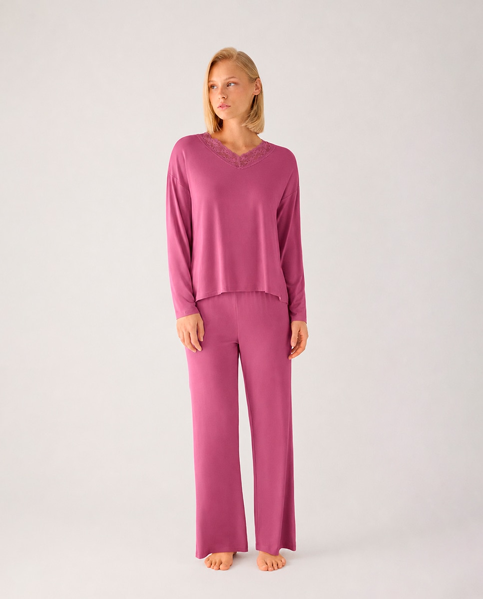 Imagen 0 de Pijama largo de mujer ligero y suave con pantalón ancho Blanco/Morado