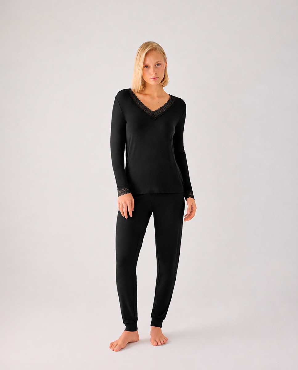 Imagen 1 de Pijama largo de mujer ligero y suave con pantalón jogger - Ysabel Mora - Negro Negro