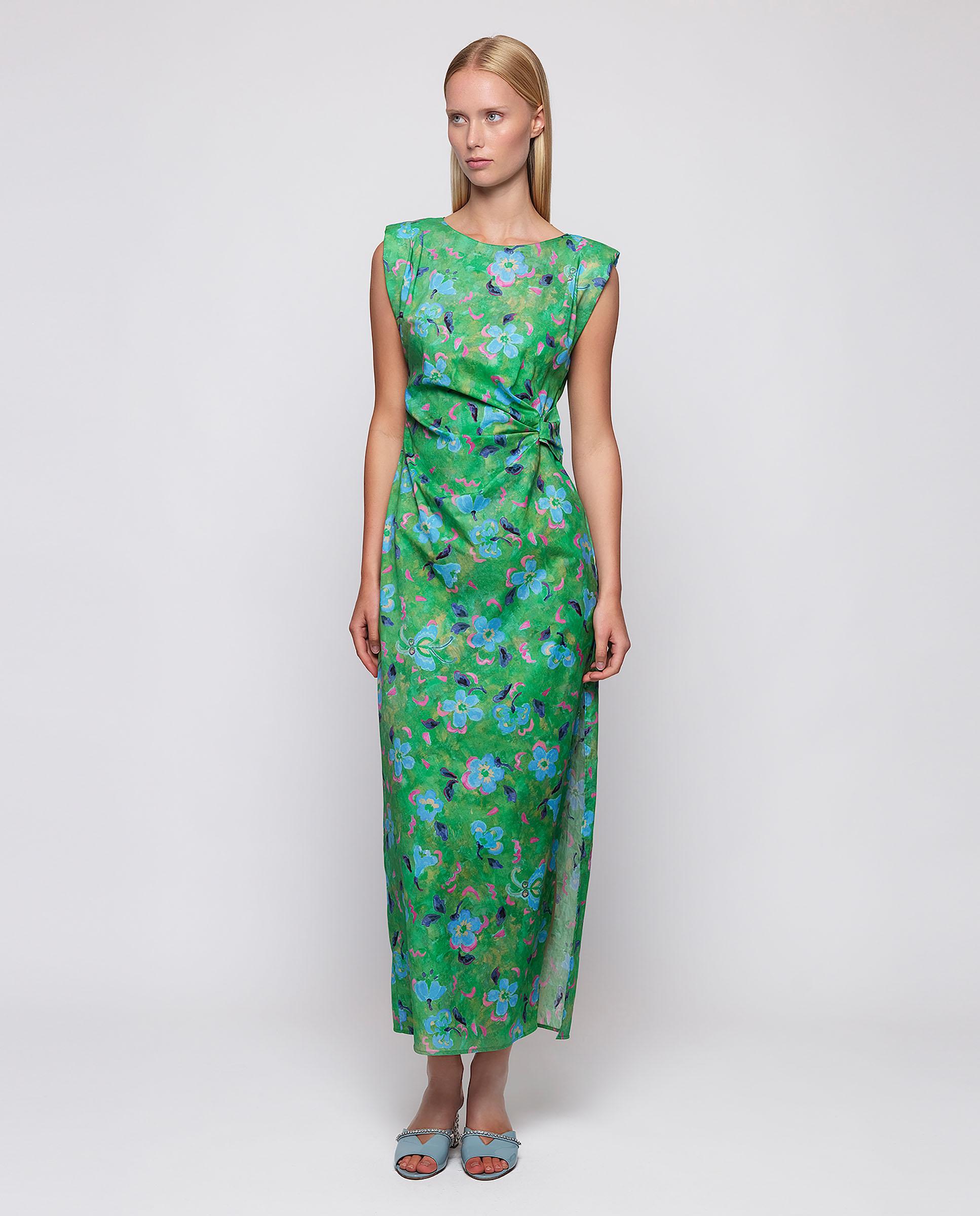 Vestido largo drapeado con estampado floral de algodón