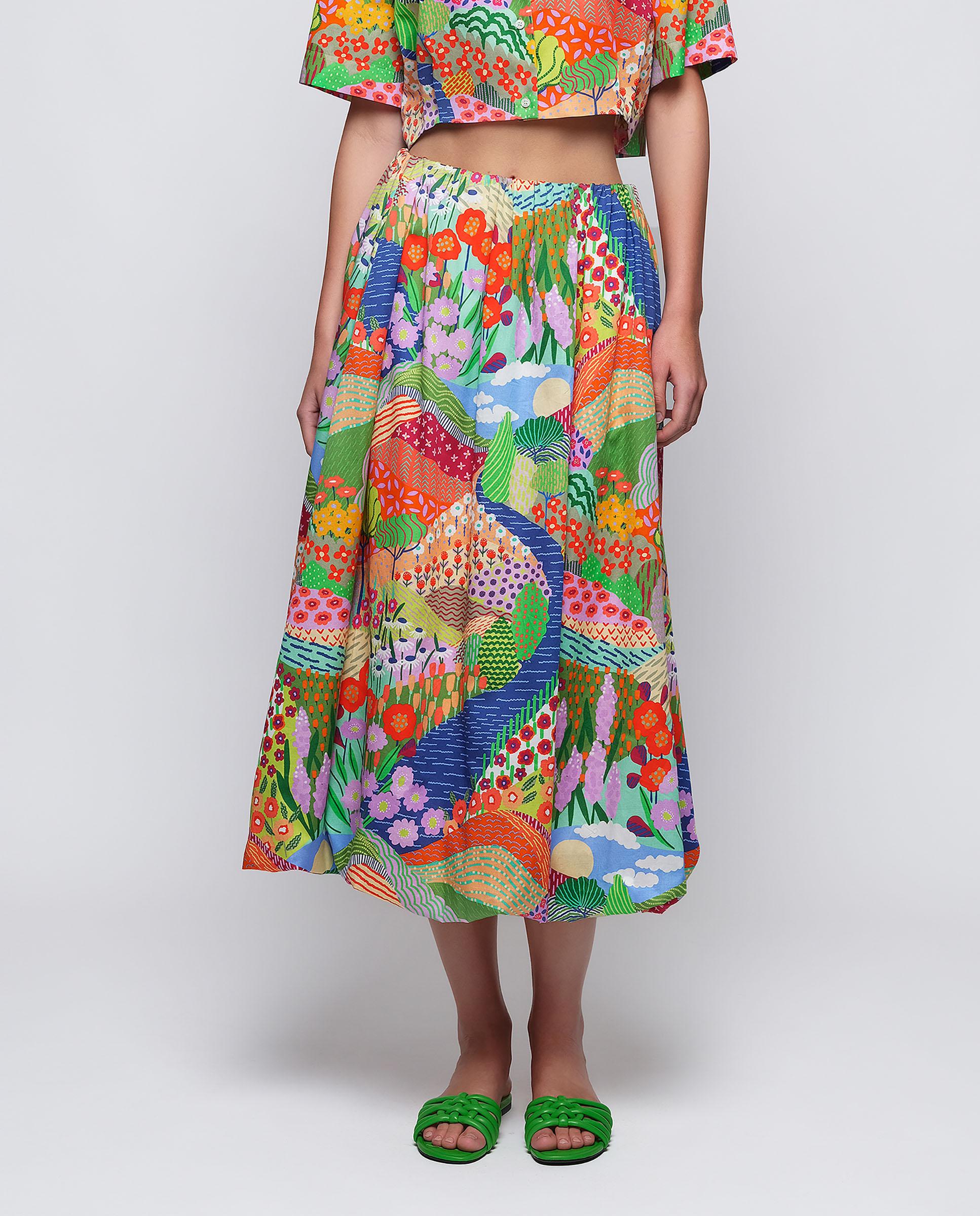 Mirto - Falda midi abullonada con estampado figurativo.