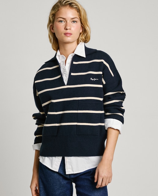 Imagen 0 de Jersey de mujer con cuello polo y estampado de rayas