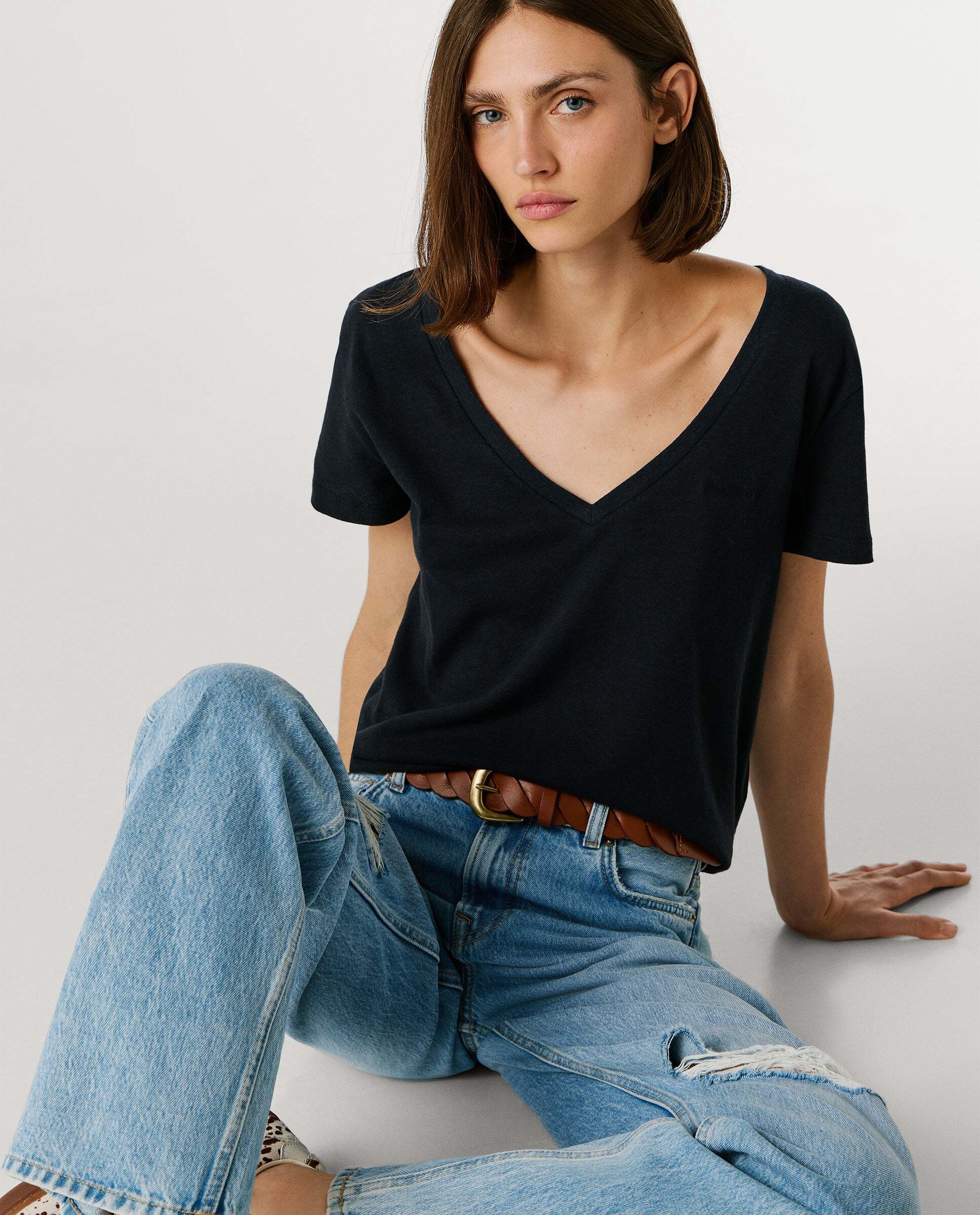 Camiseta de lino cuello pico - Pepe Jeans - Negro Negro-7