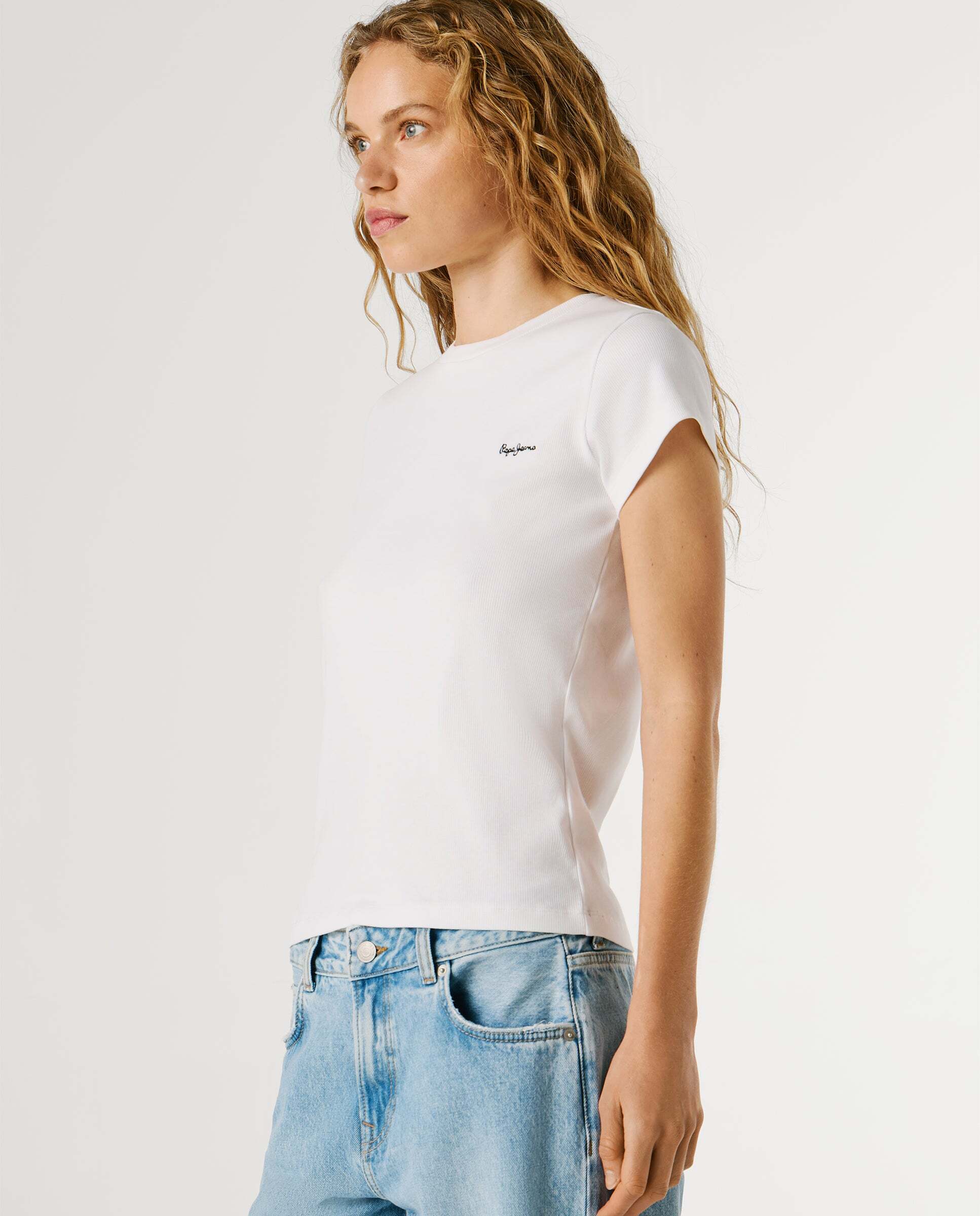 Camiseta de mujer canalé logo bordado - Pepe Jeans - Blanco Blanco-6