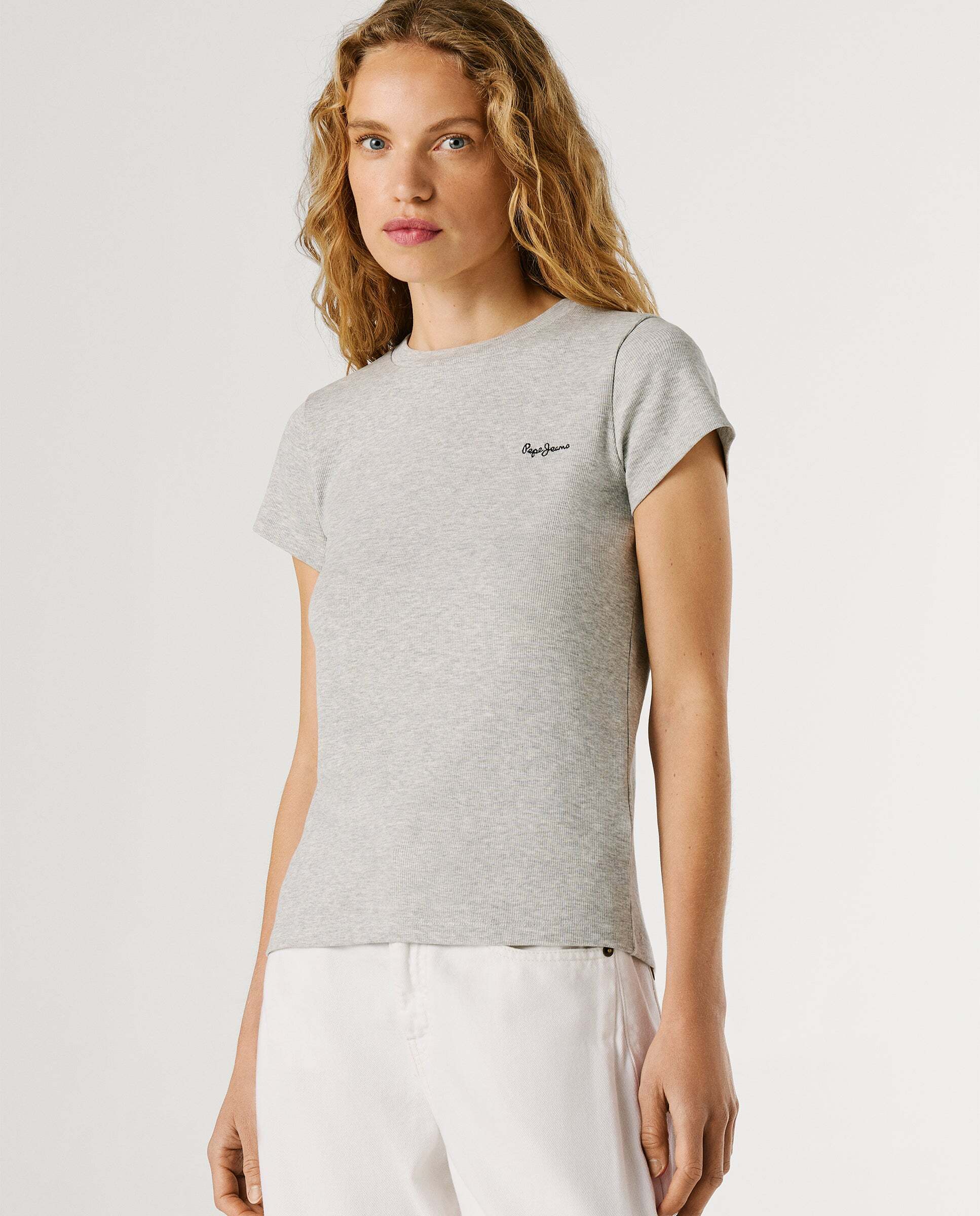 Camiseta de mujer canalé logo bordado - Pepe Jeans - Gris Gris-8